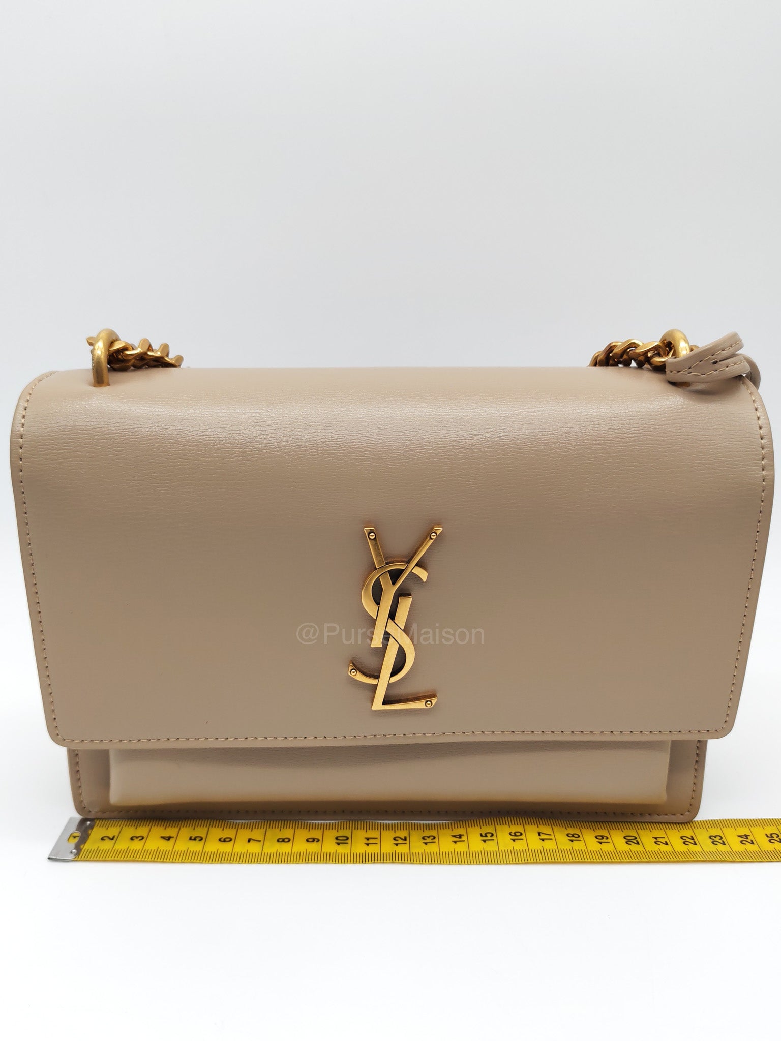 Yves Saint Laurent Sunset Medium in Dark Beige Calfskin Leather and Gold Hardware