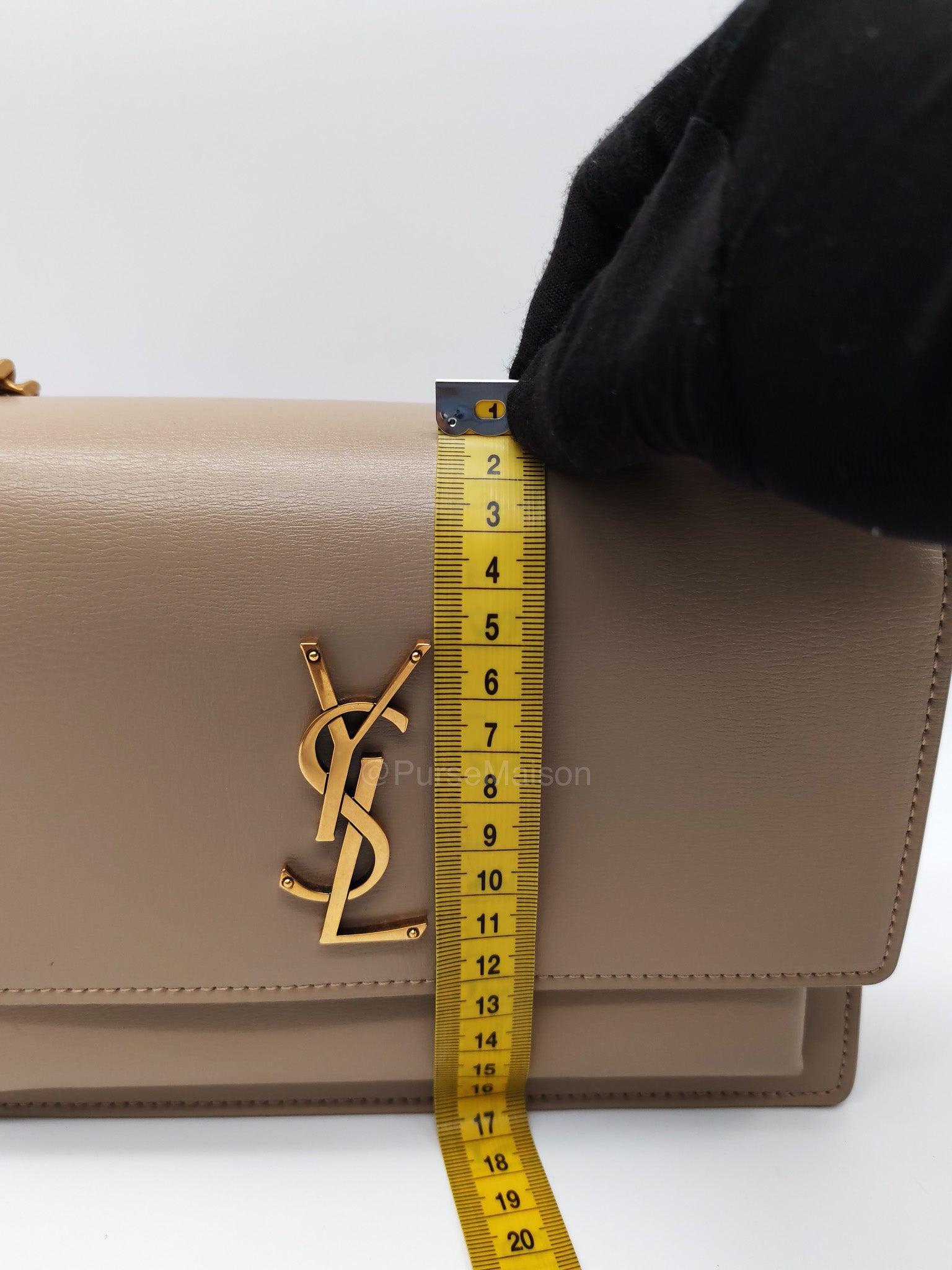 Yves Saint Laurent Sunset Medium in Dark Beige Calfskin Leather and Gold Hardware