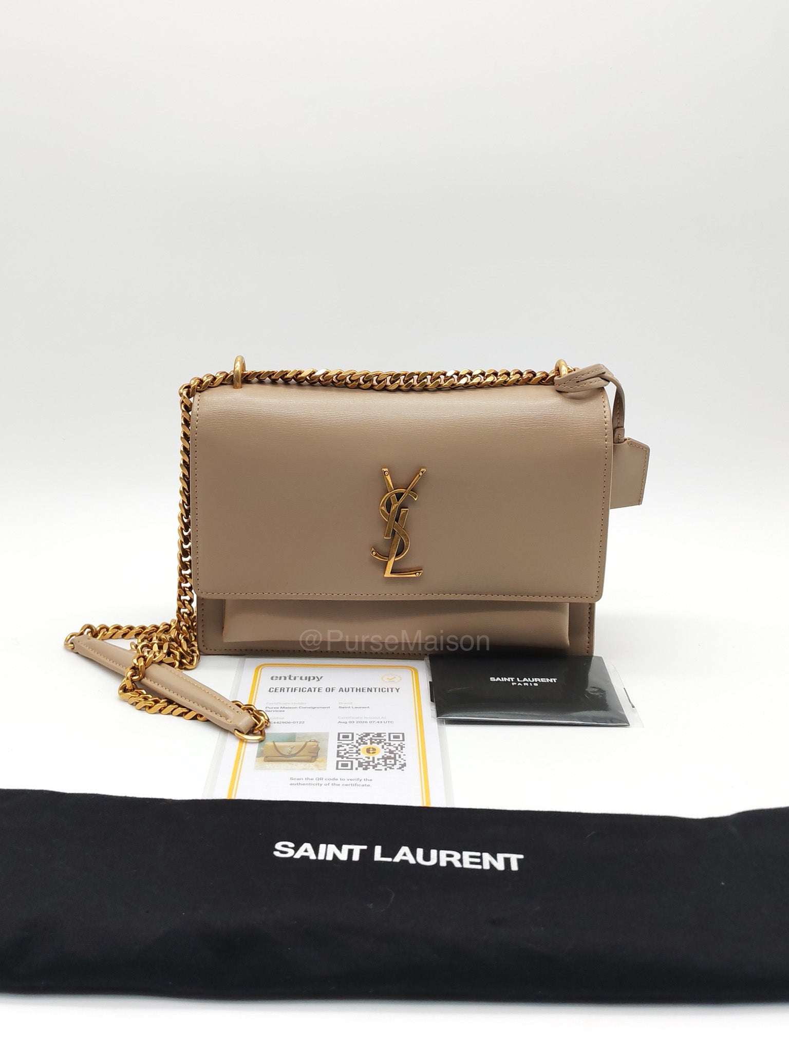 Yves Saint Laurent Sunset Medium in Dark Beige Calfskin Leather and Gold Hardware