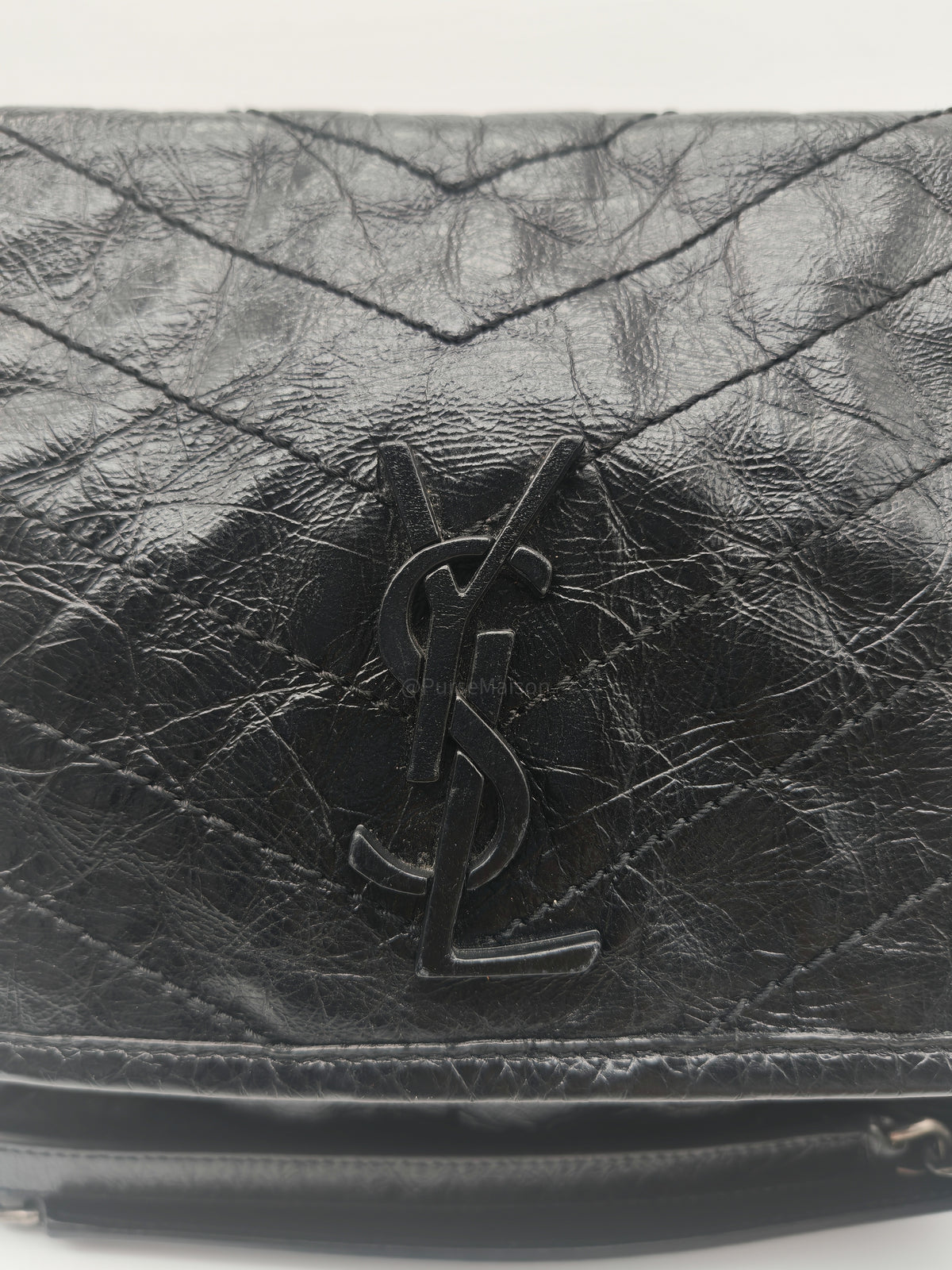 Yves Saint Laurent Niki Shoulder Bag Medium in Black Quilted Crinkled Calfskin Leather and Mixed Hardware