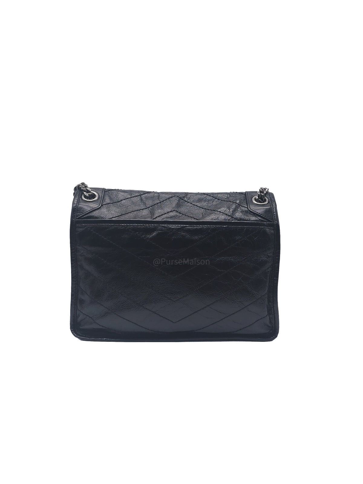 Yves Saint Laurent Niki Shoulder Bag Medium in Black Quilted Crinkled Calfskin Leather and Mixed Hardware