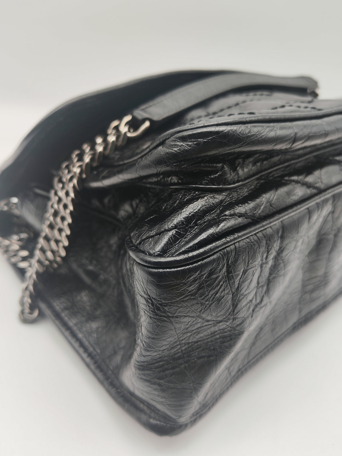 Yves Saint Laurent Niki Shoulder Bag Medium in Black Quilted Crinkled Calfskin Leather and Mixed Hardware
