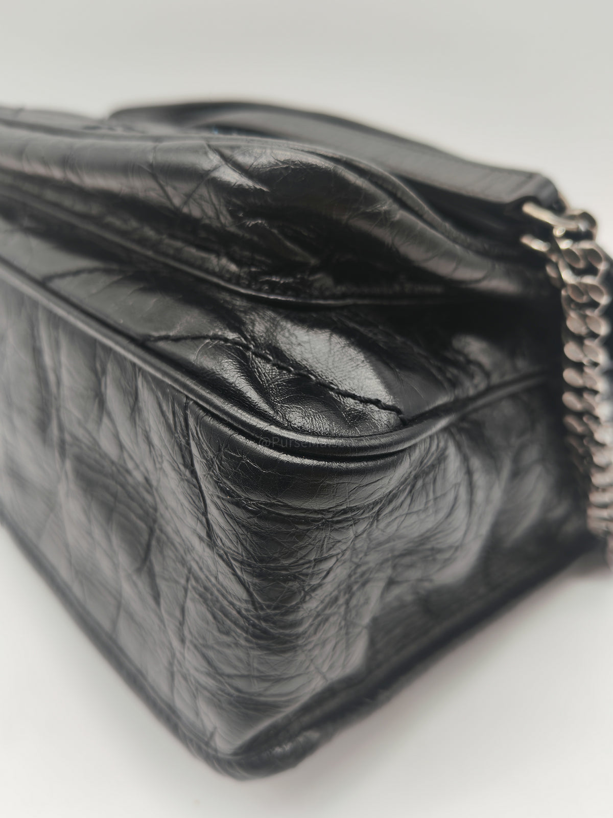 Yves Saint Laurent Niki Shoulder Bag Medium in Black Quilted Crinkled Calfskin Leather and Mixed Hardware