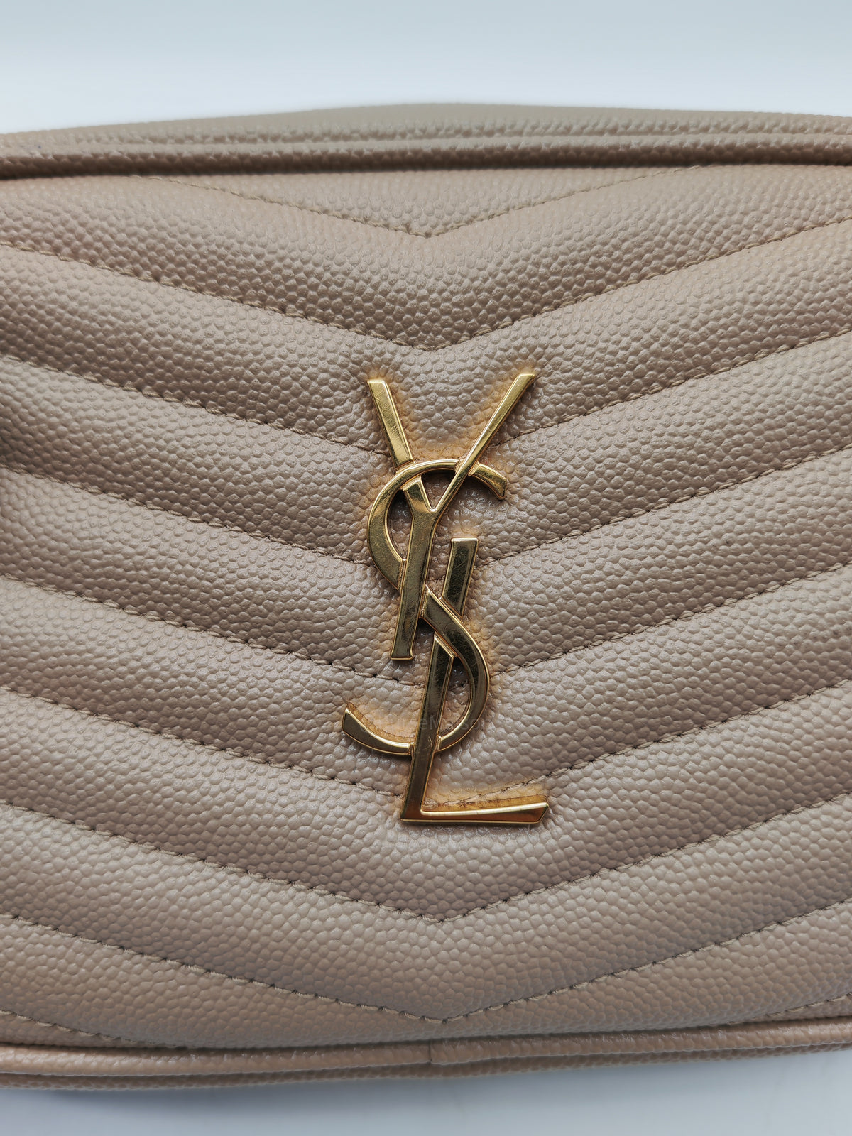 YSL lou Camera Bag in Dark Beige Chevron-Quilted Matelassé Leather