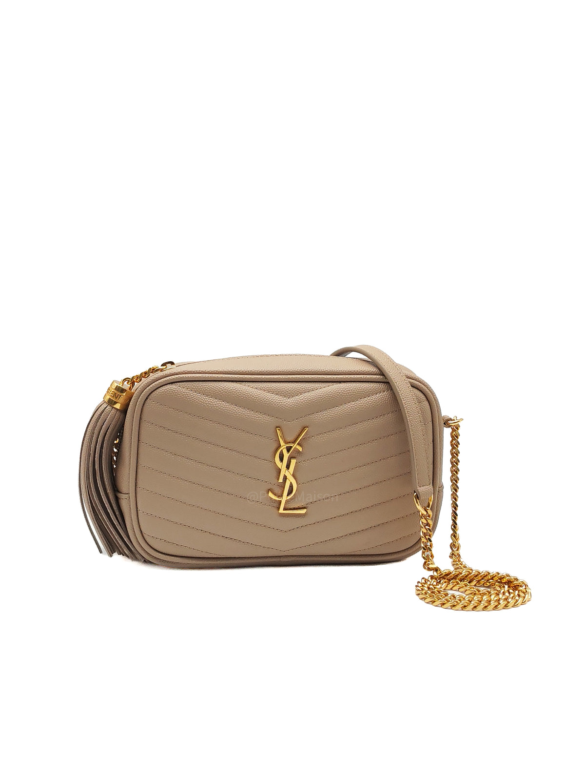 YSL lou Camera Bag in Dark Beige Chevron-Quilted Matelassé Leather