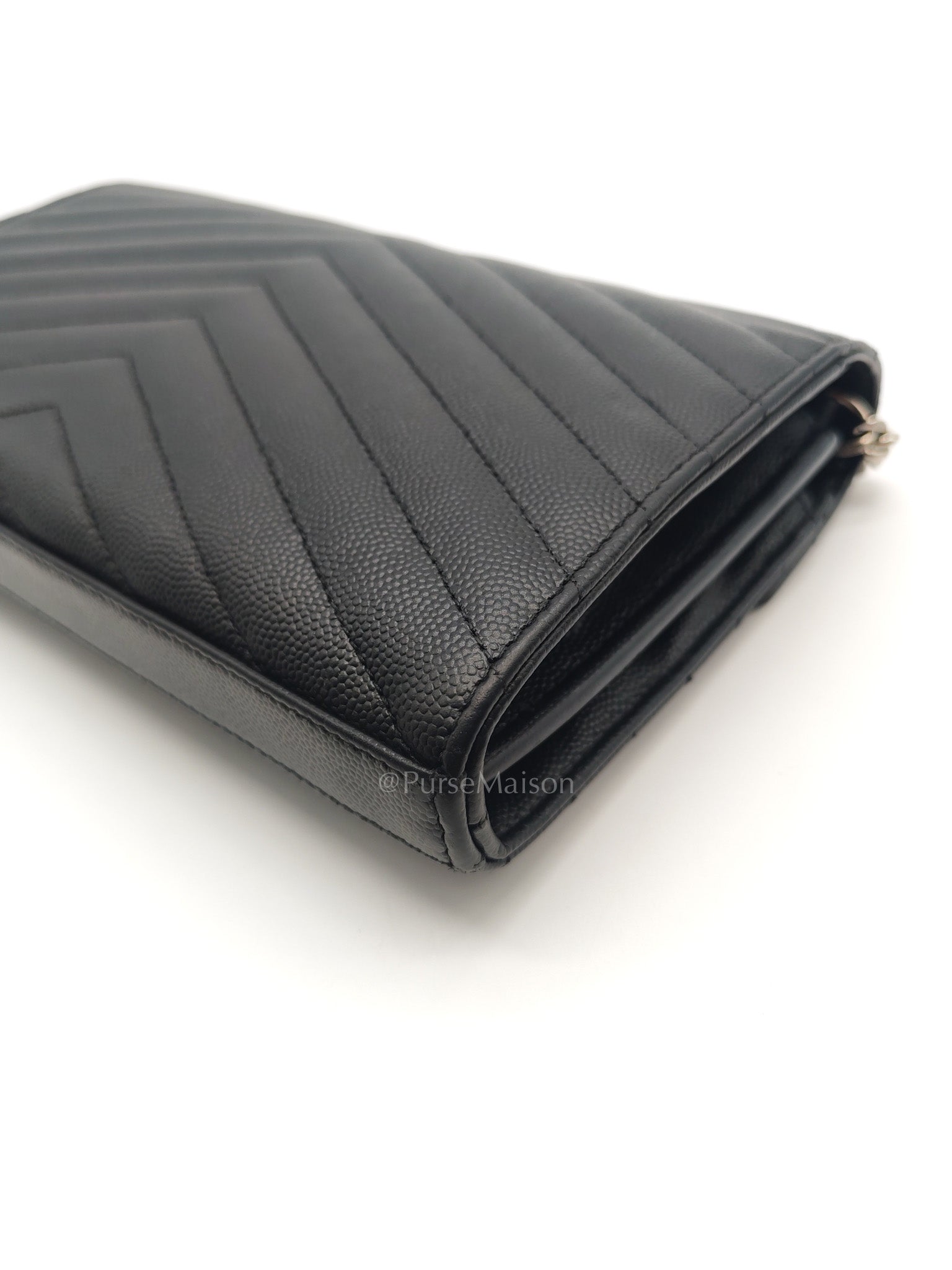 Yves Saint Laurent Cassandre Wallet on Chain in Black Chevron Quilted Grained de Poudre Leather & Silver Hardware
