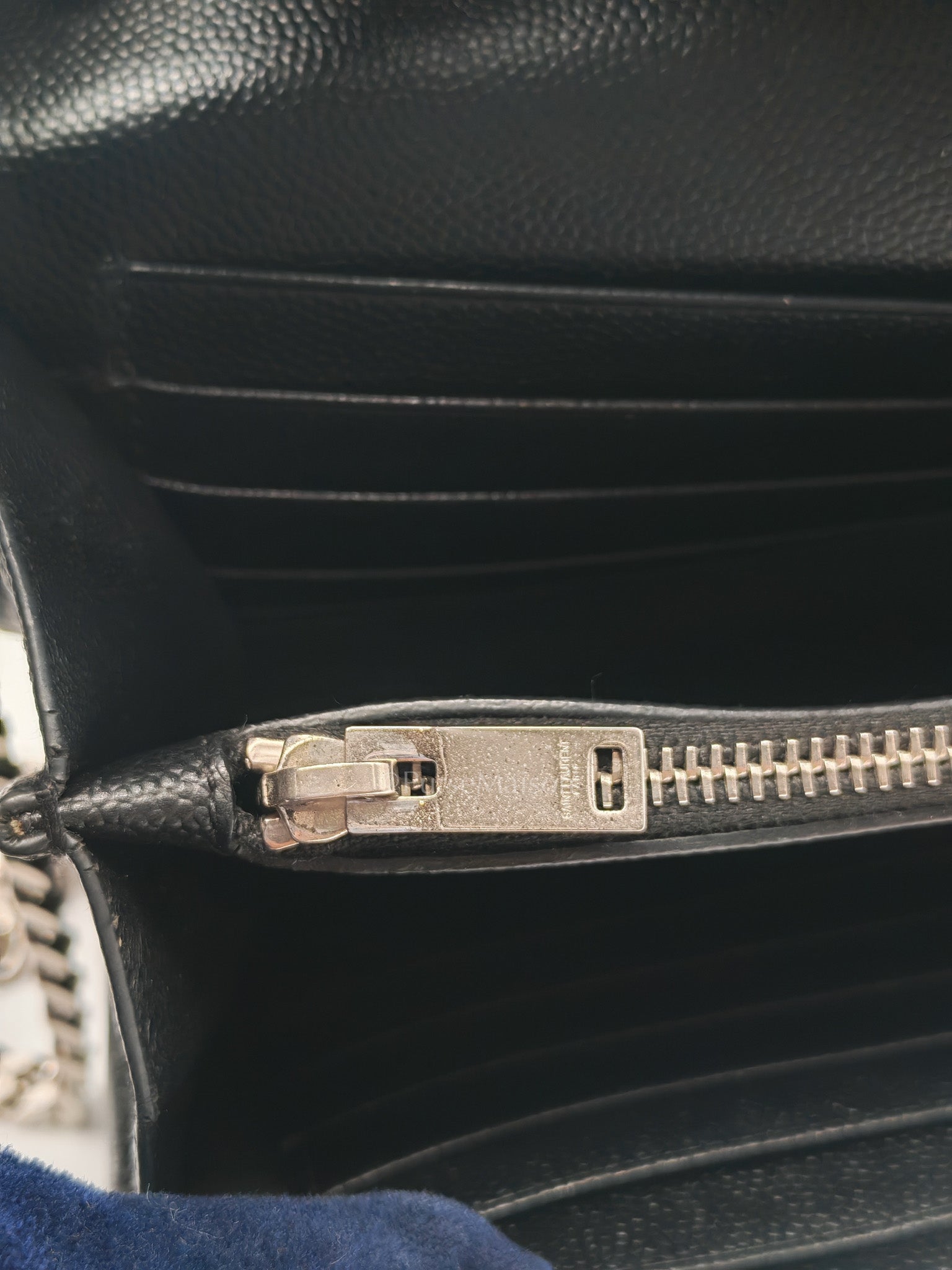 Yves Saint Laurent Cassandre Wallet on Chain in Black Chevron Quilted Grained de Poudre Leather & Silver Hardware