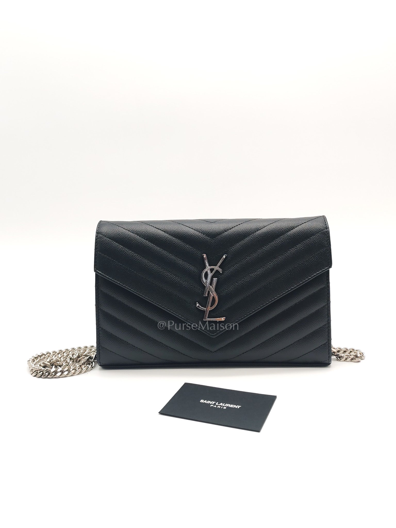 Yves Saint Laurent Cassandre Wallet on Chain in Black Chevron Quilted Grained de Poudre Leather & Silver Hardware