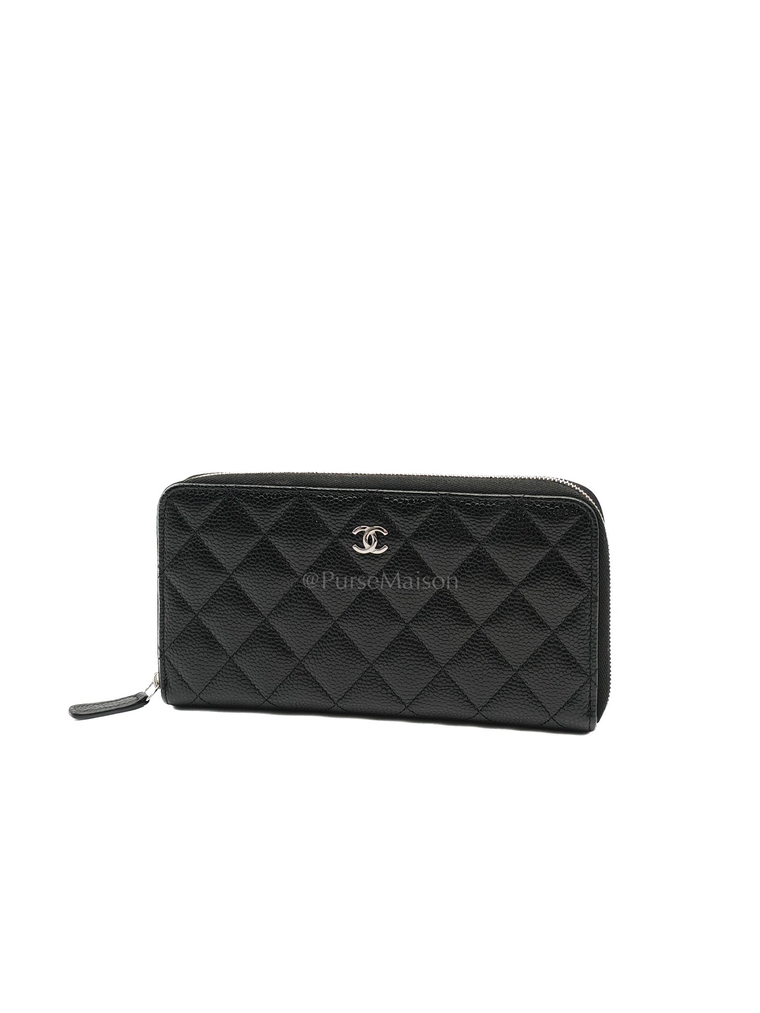 Classic Long Zipped Wallet in Black Caviar Leather & Palladium Hardware Microchip