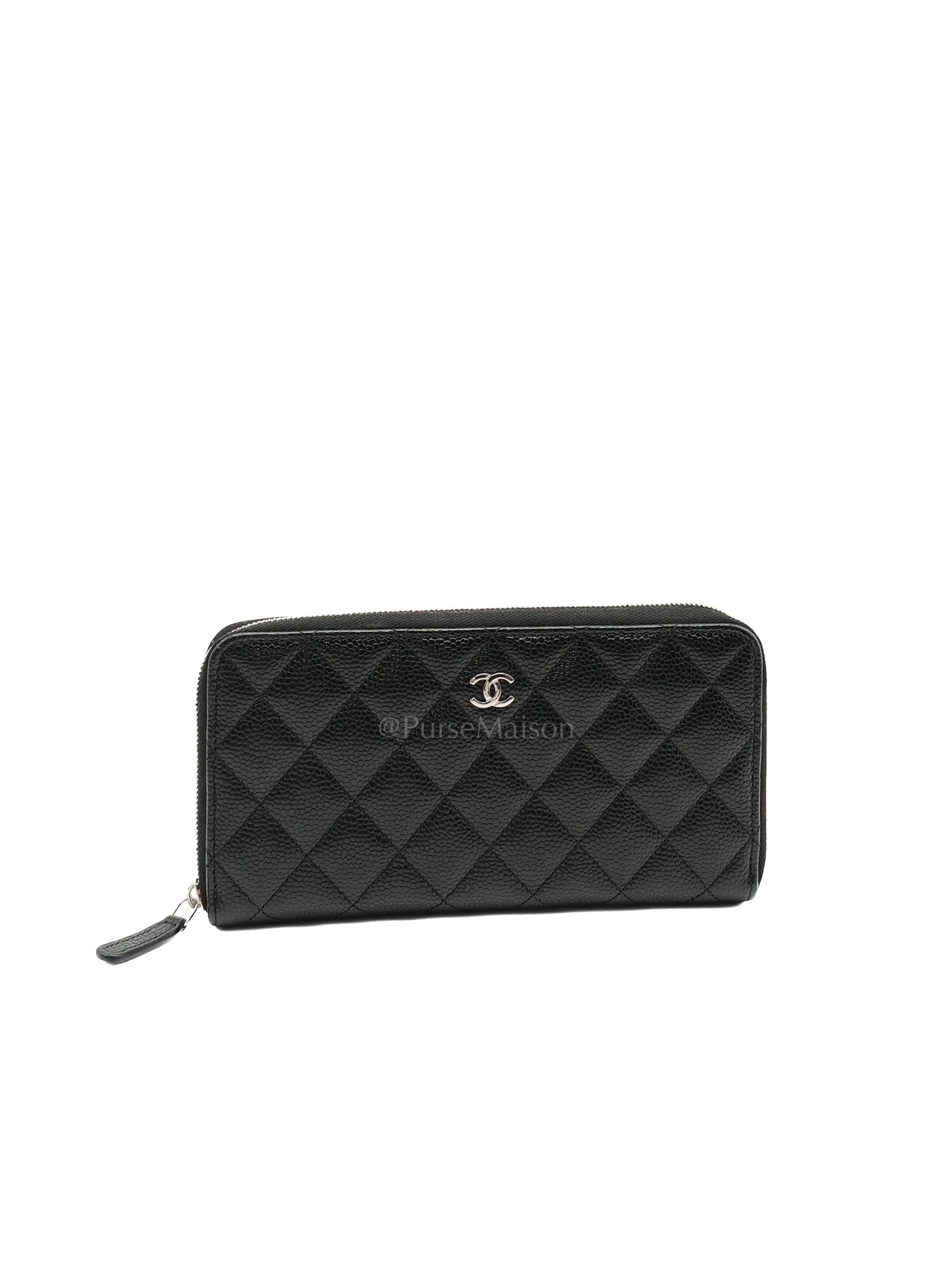 Classic Long Zipped Wallet in Black Caviar Leather & Palladium Hardware Microchip