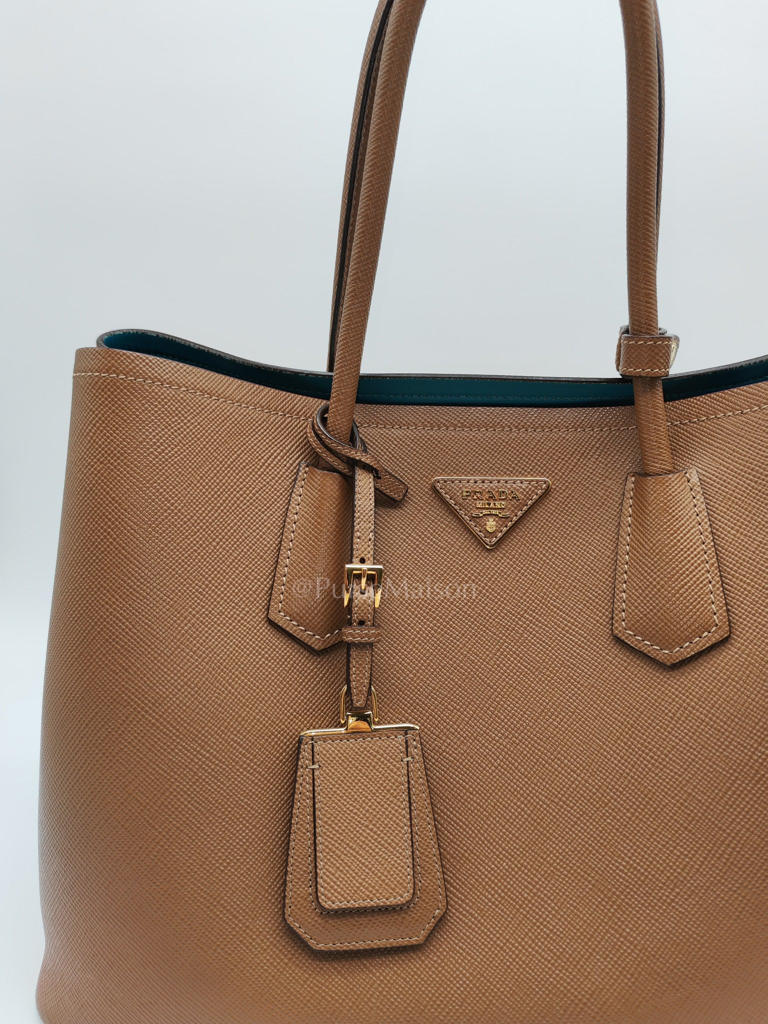 1BG756 Double Bag Large in Tan Saffiano Cuir Leather Shoulder Bag