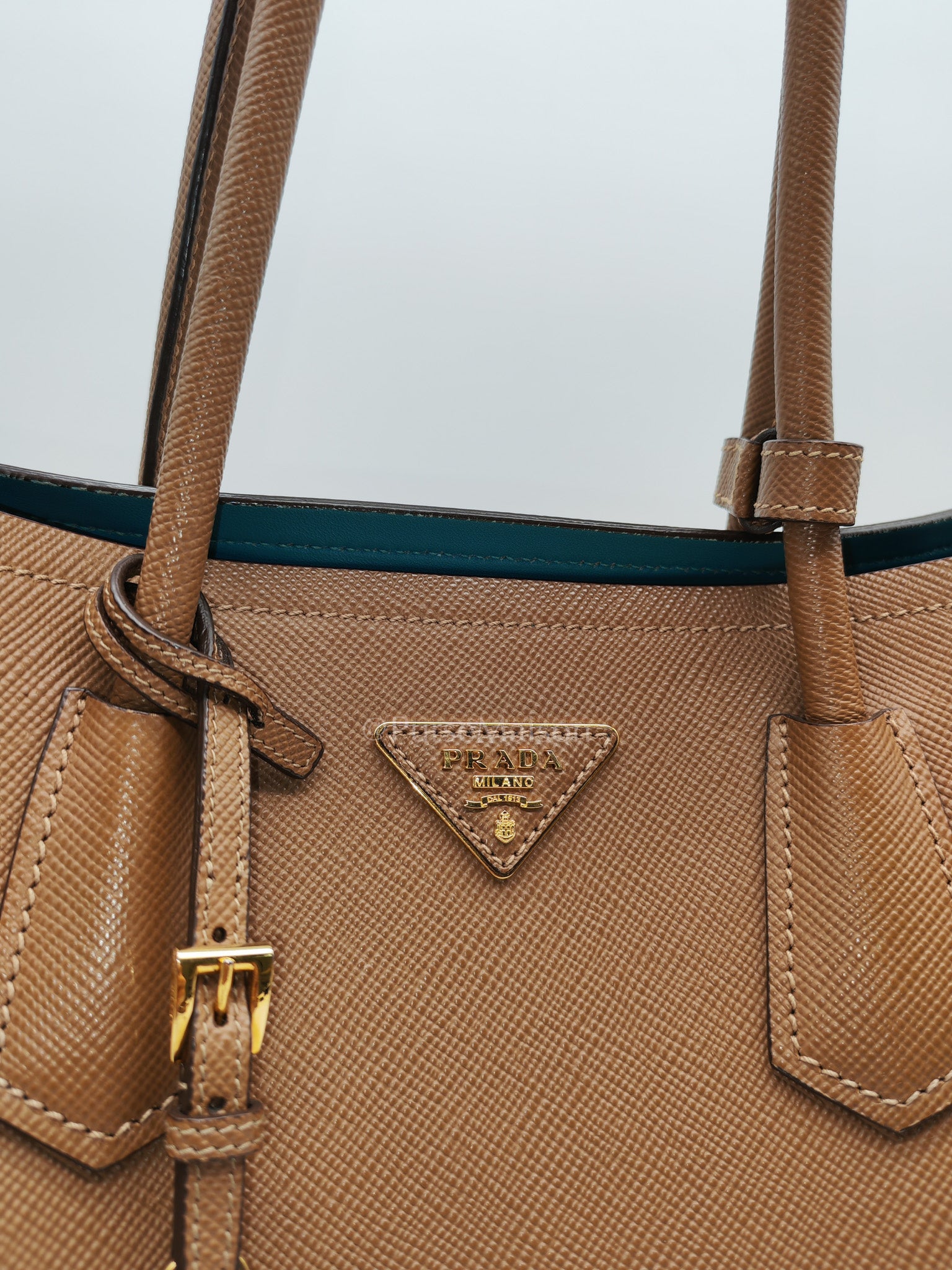 1BG756 Double Bag Large in Tan Saffiano Cuir Leather Shoulder Bag