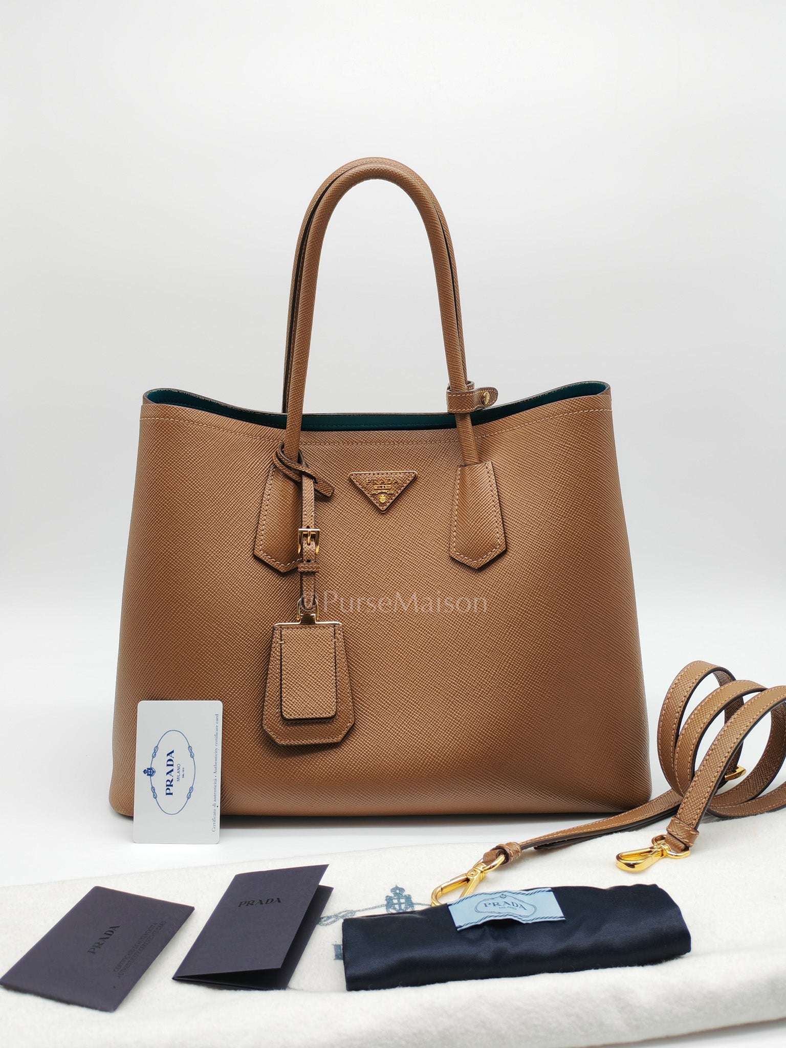 1BG756 Double Bag Large in Tan Saffiano Cuir Leather Shoulder Bag