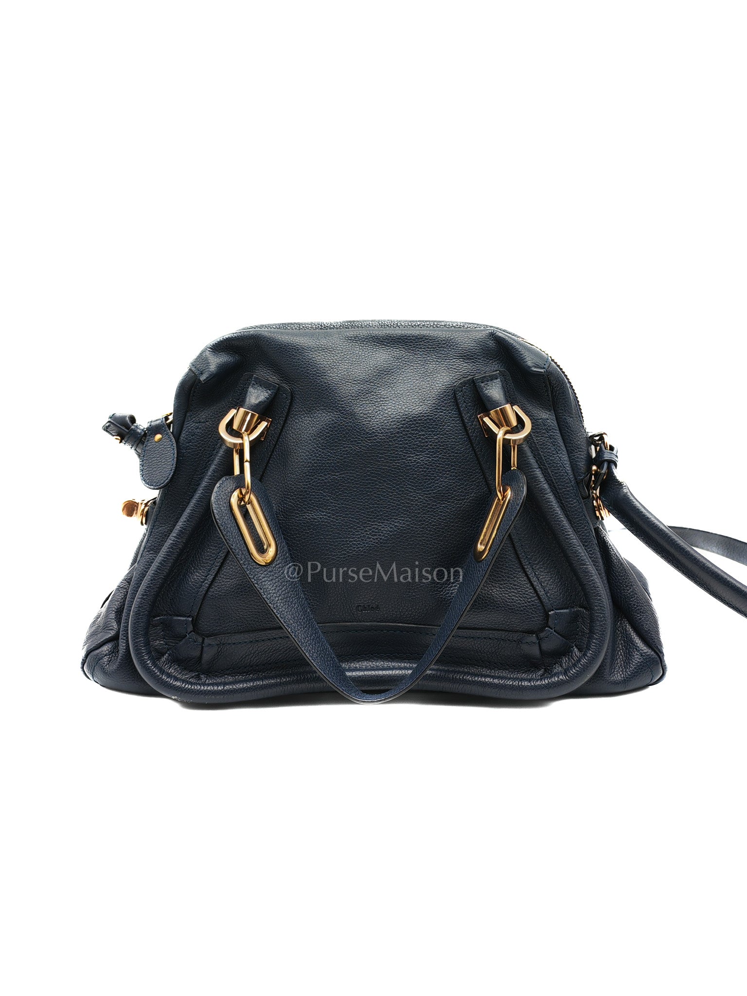 Paraty Top Handle Shoulder Bag in Navy Blue Calfskin Leather & Gold Hardware