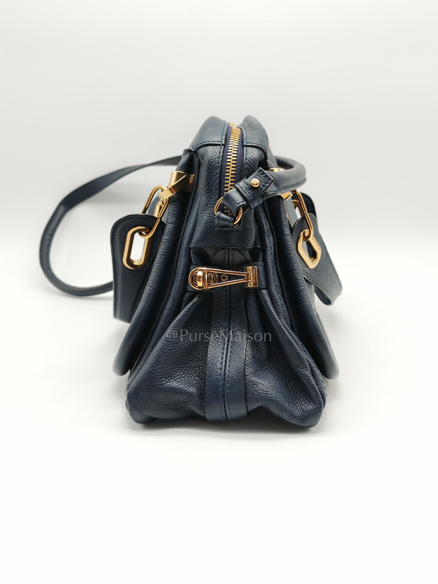 Paraty Top Handle Shoulder Bag in Navy Blue Calfskin Leather & Gold Hardware