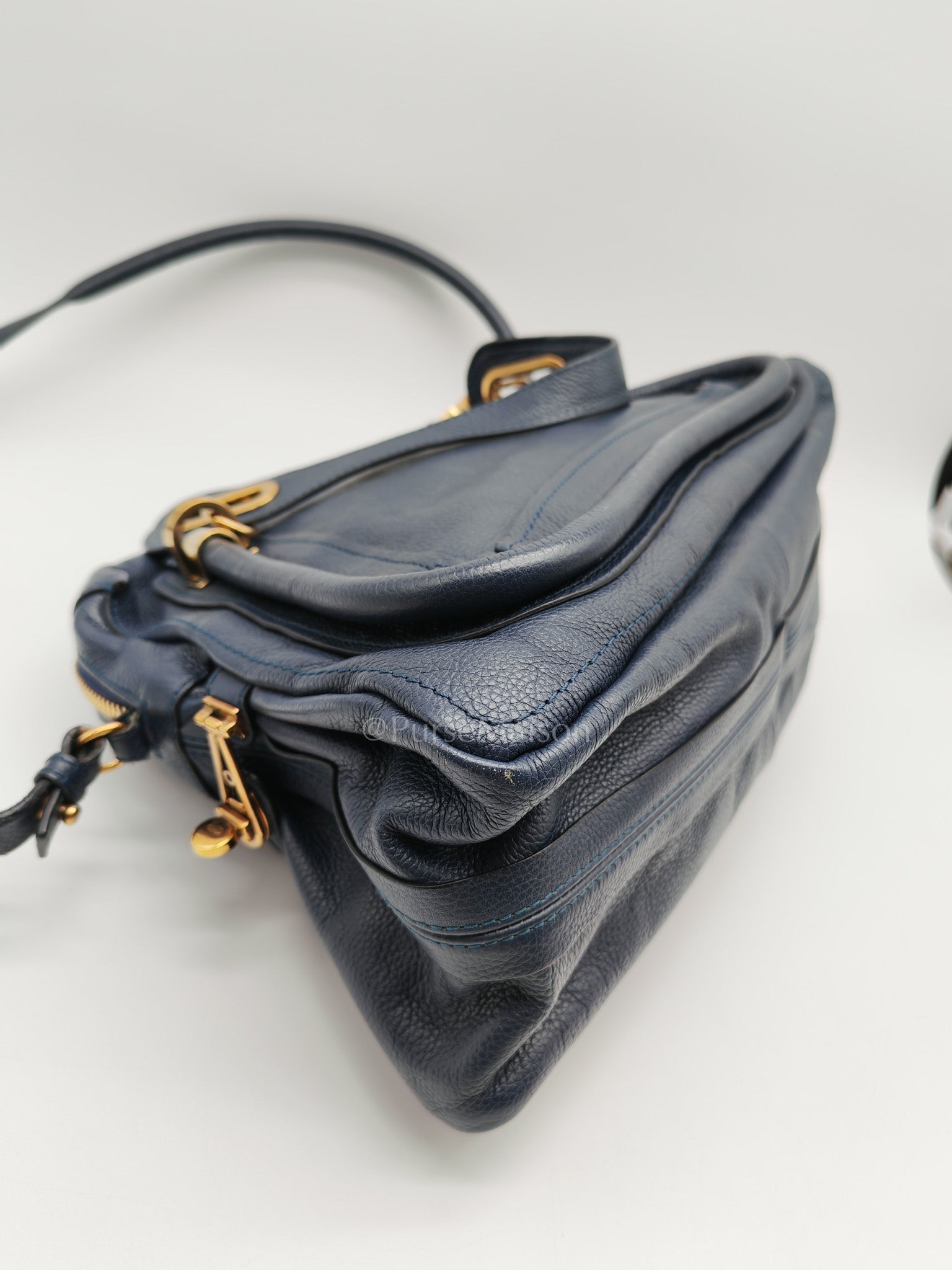 Paraty Top Handle Shoulder Bag in Navy Blue Calfskin Leather & Gold Hardware