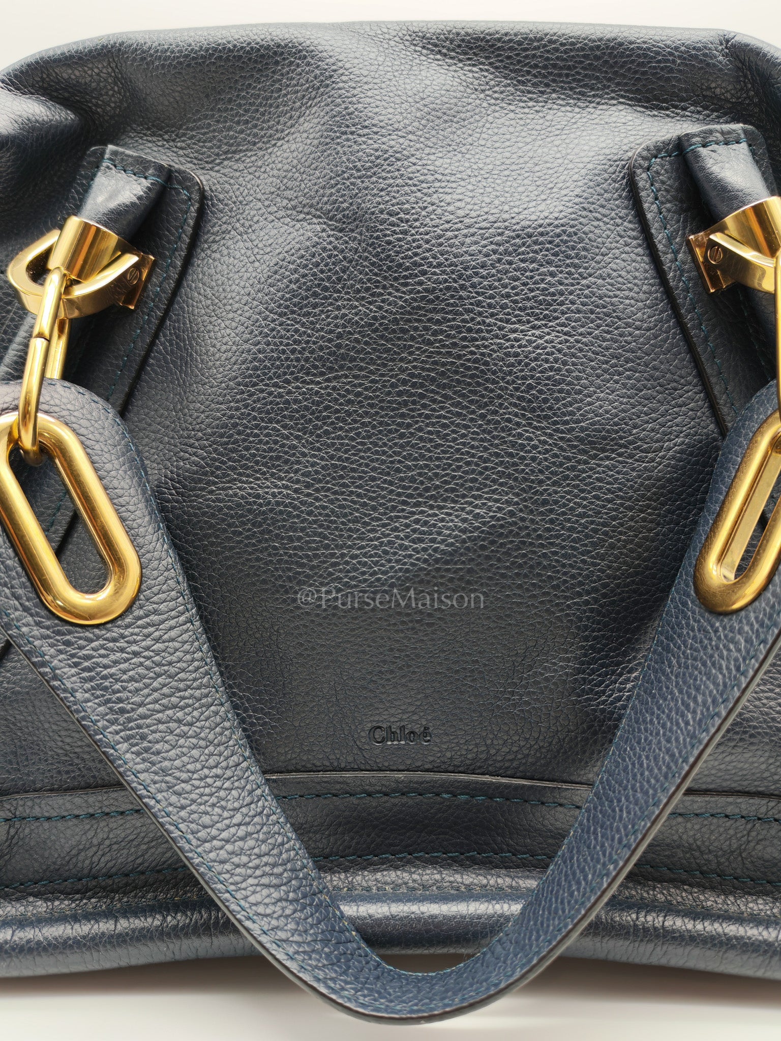 Paraty Top Handle Shoulder Bag in Navy Blue Calfskin Leather & Gold Hardware