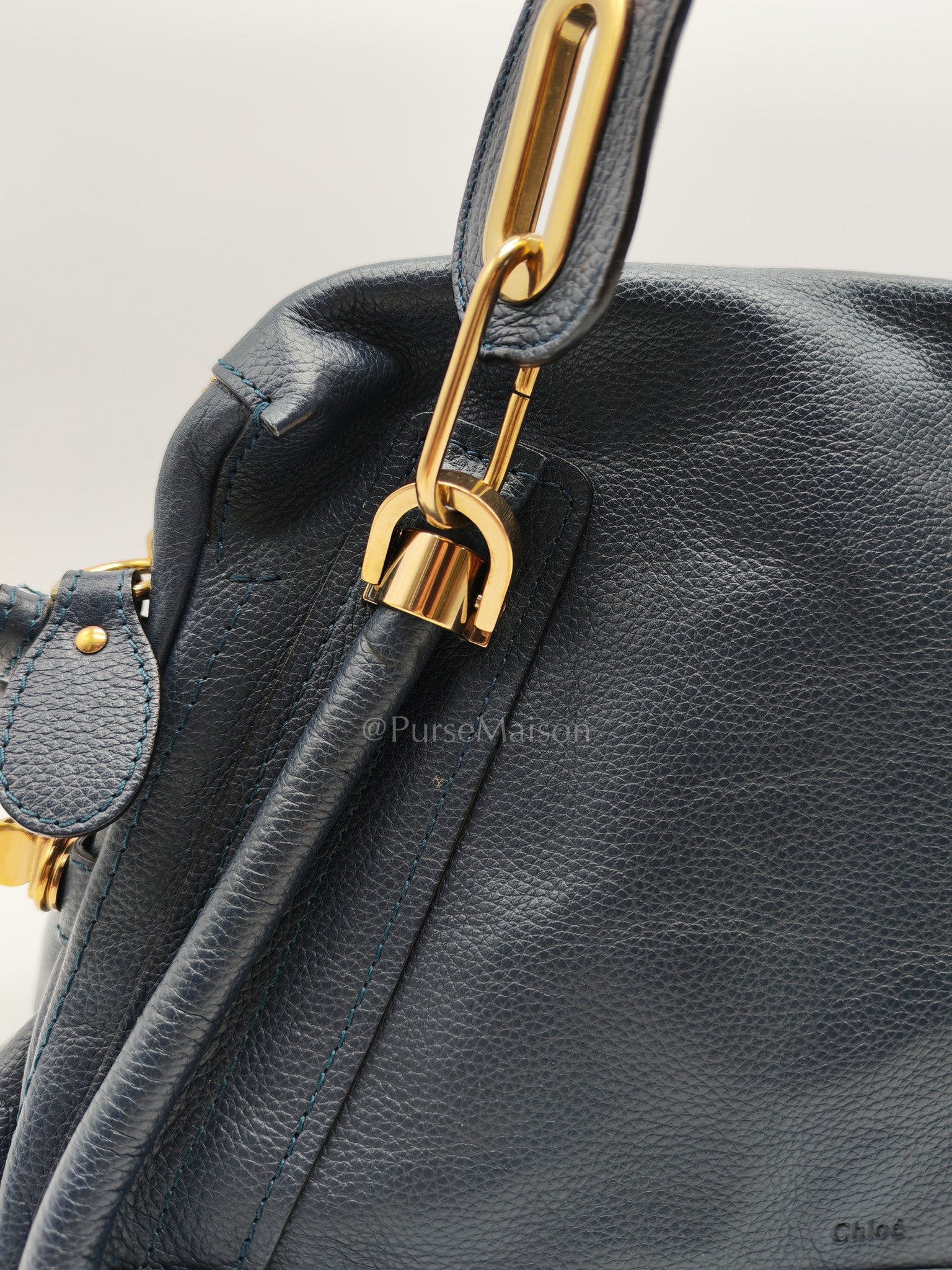 Paraty Top Handle Shoulder Bag in Navy Blue Calfskin Leather & Gold Hardware