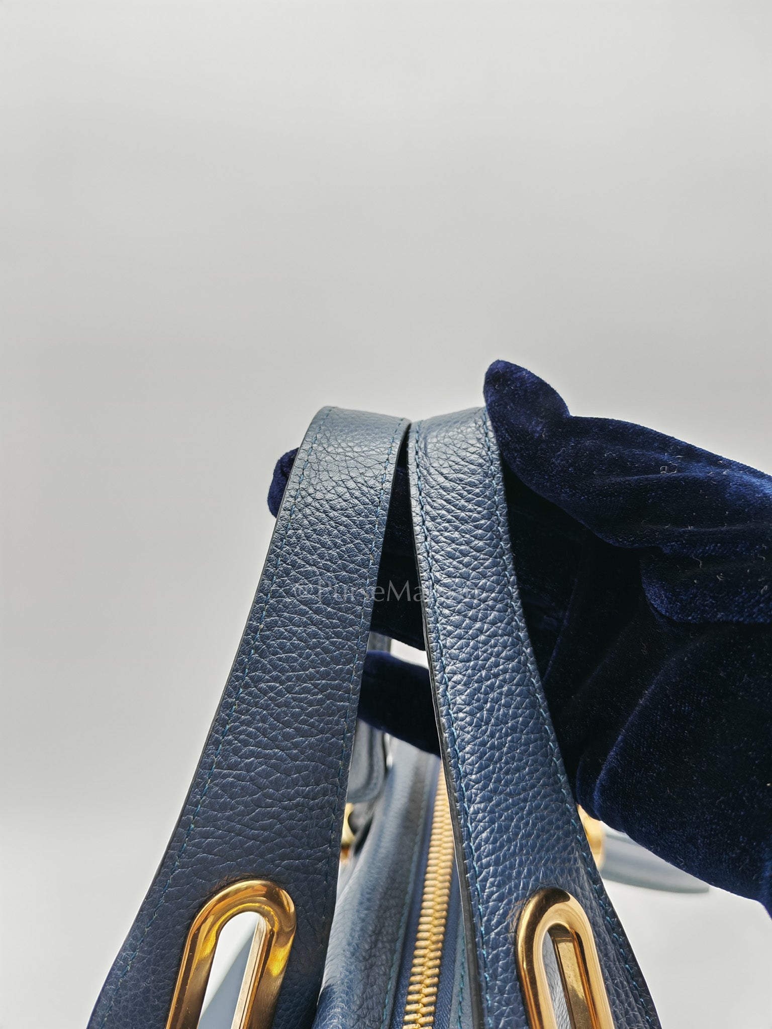 Paraty Top Handle Shoulder Bag in Navy Blue Calfskin Leather & Gold Hardware