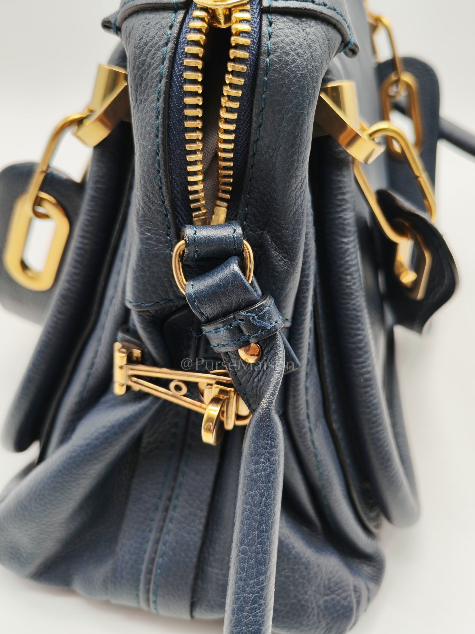 Paraty Top Handle Shoulder Bag in Navy Blue Calfskin Leather & Gold Hardware