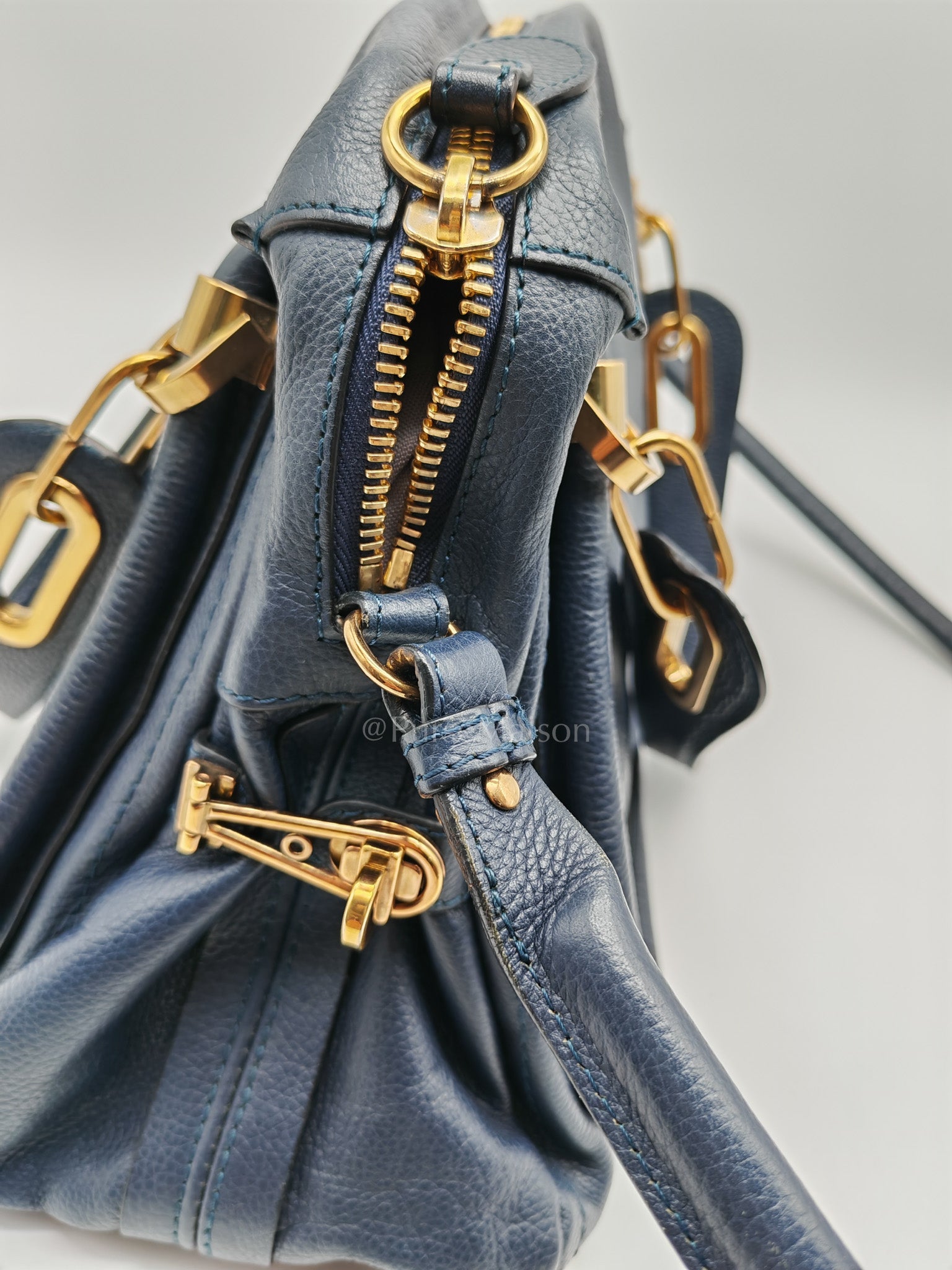 Paraty Top Handle Shoulder Bag in Navy Blue Calfskin Leather & Gold Hardware