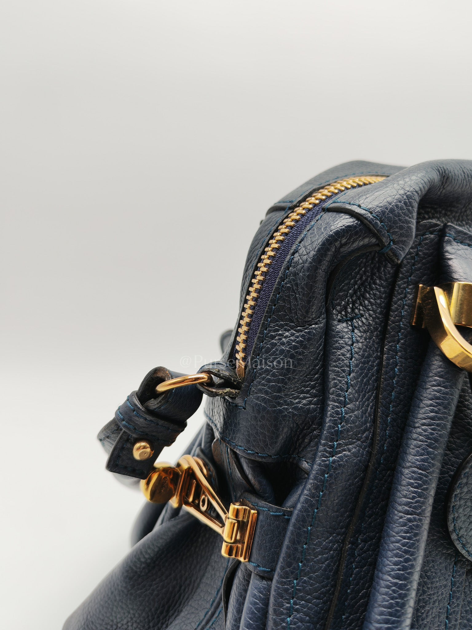 Paraty Top Handle Shoulder Bag in Navy Blue Calfskin Leather & Gold Hardware
