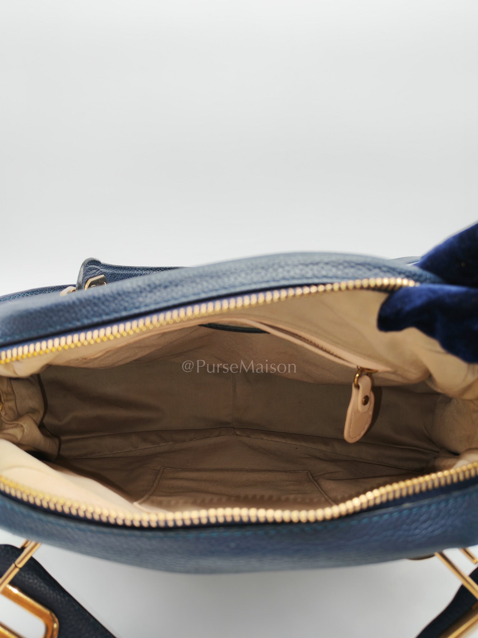 Paraty Top Handle Shoulder Bag in Navy Blue Calfskin Leather & Gold Hardware