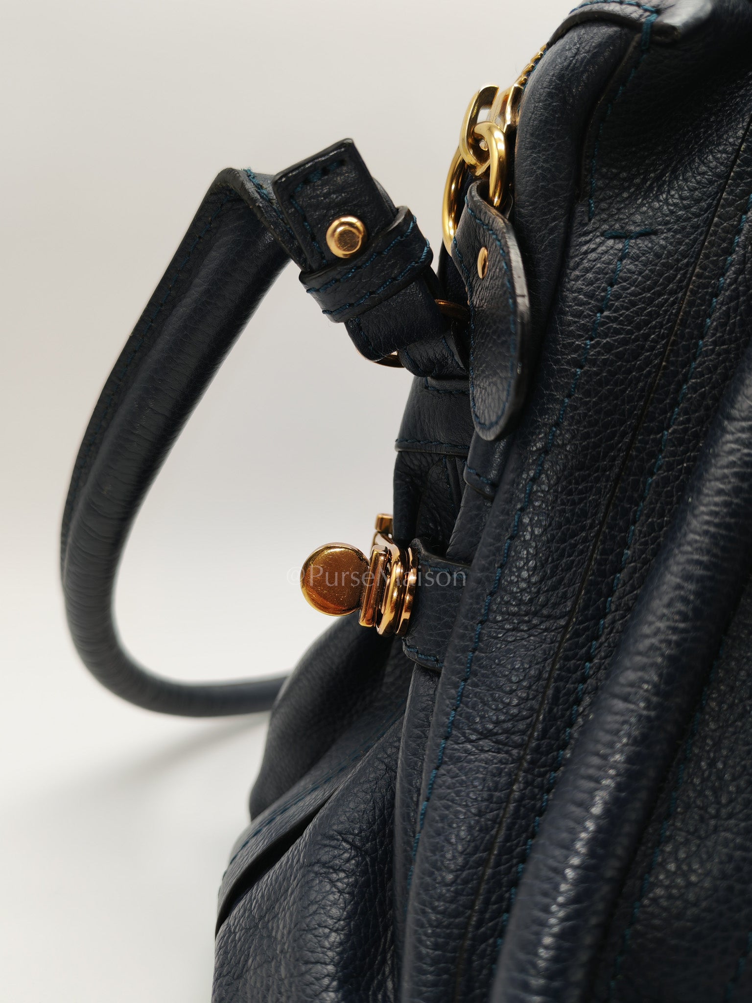 Paraty Top Handle Shoulder Bag in Navy Blue Calfskin Leather & Gold Hardware