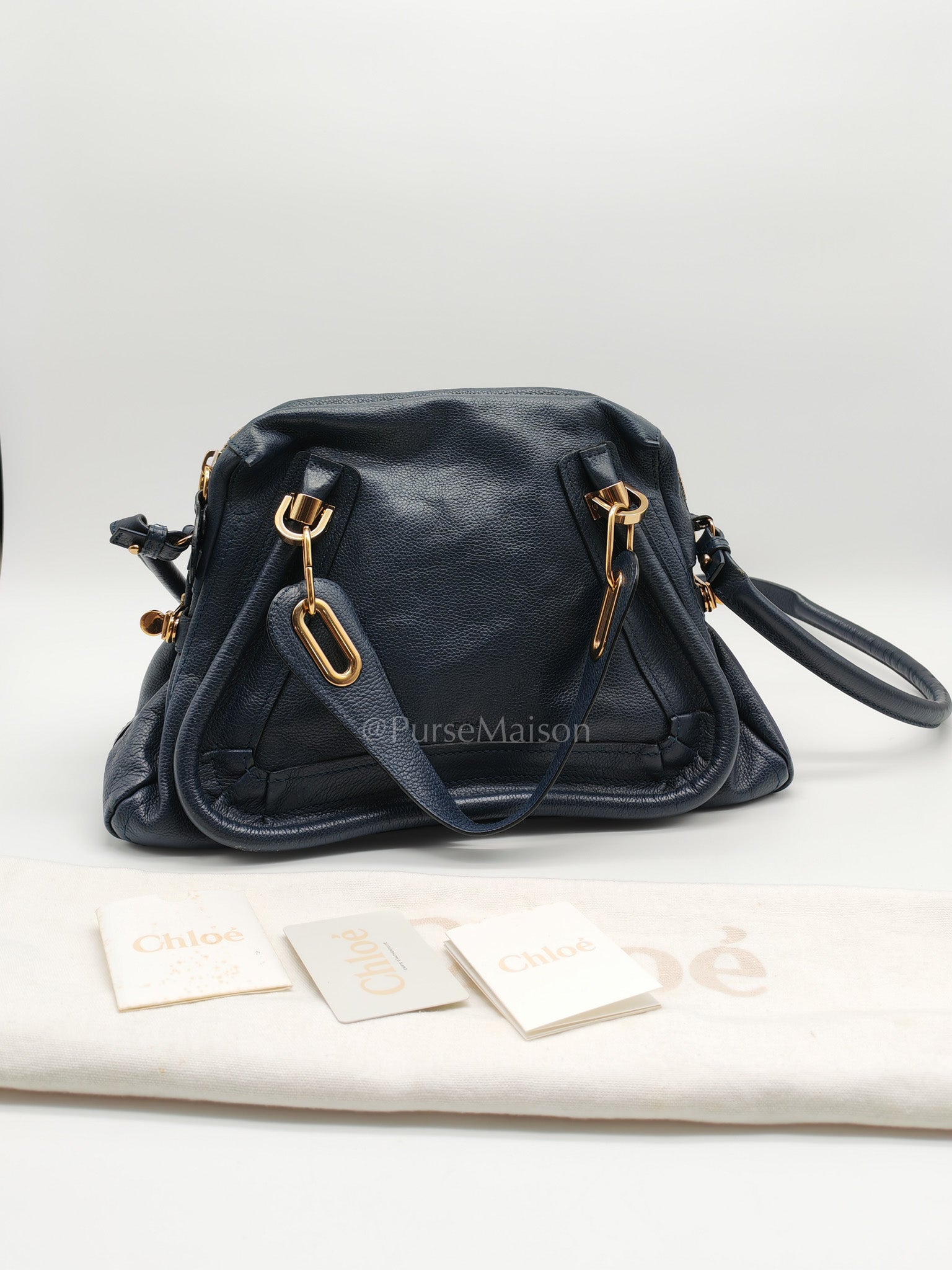 Paraty Top Handle Shoulder Bag in Navy Blue Calfskin Leather & Gold Hardware