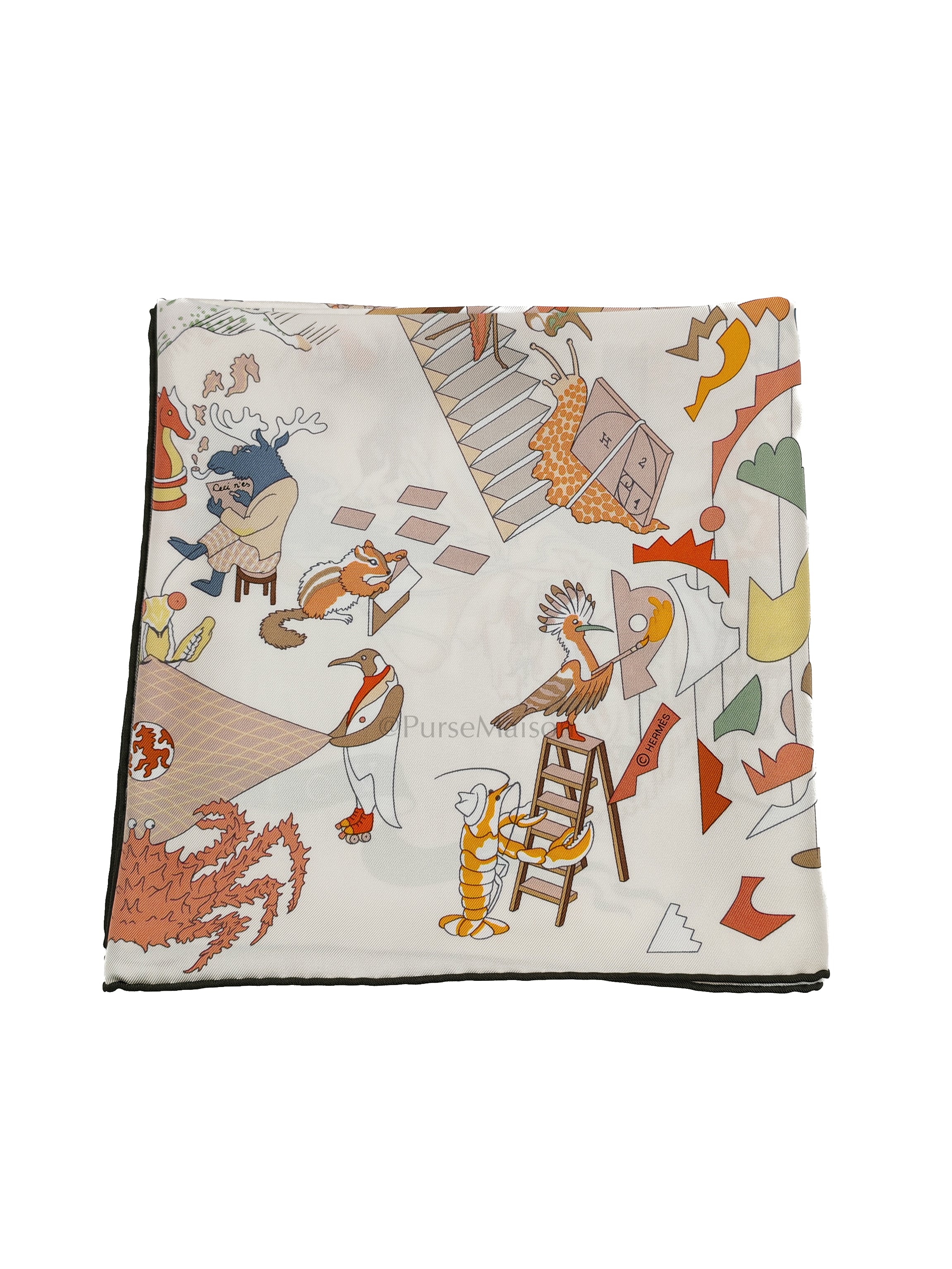 Academia Hippica in White Rose Poudre Beige Silk Scarf 90x90 cm | Purse Maison Luxury Bags Shop