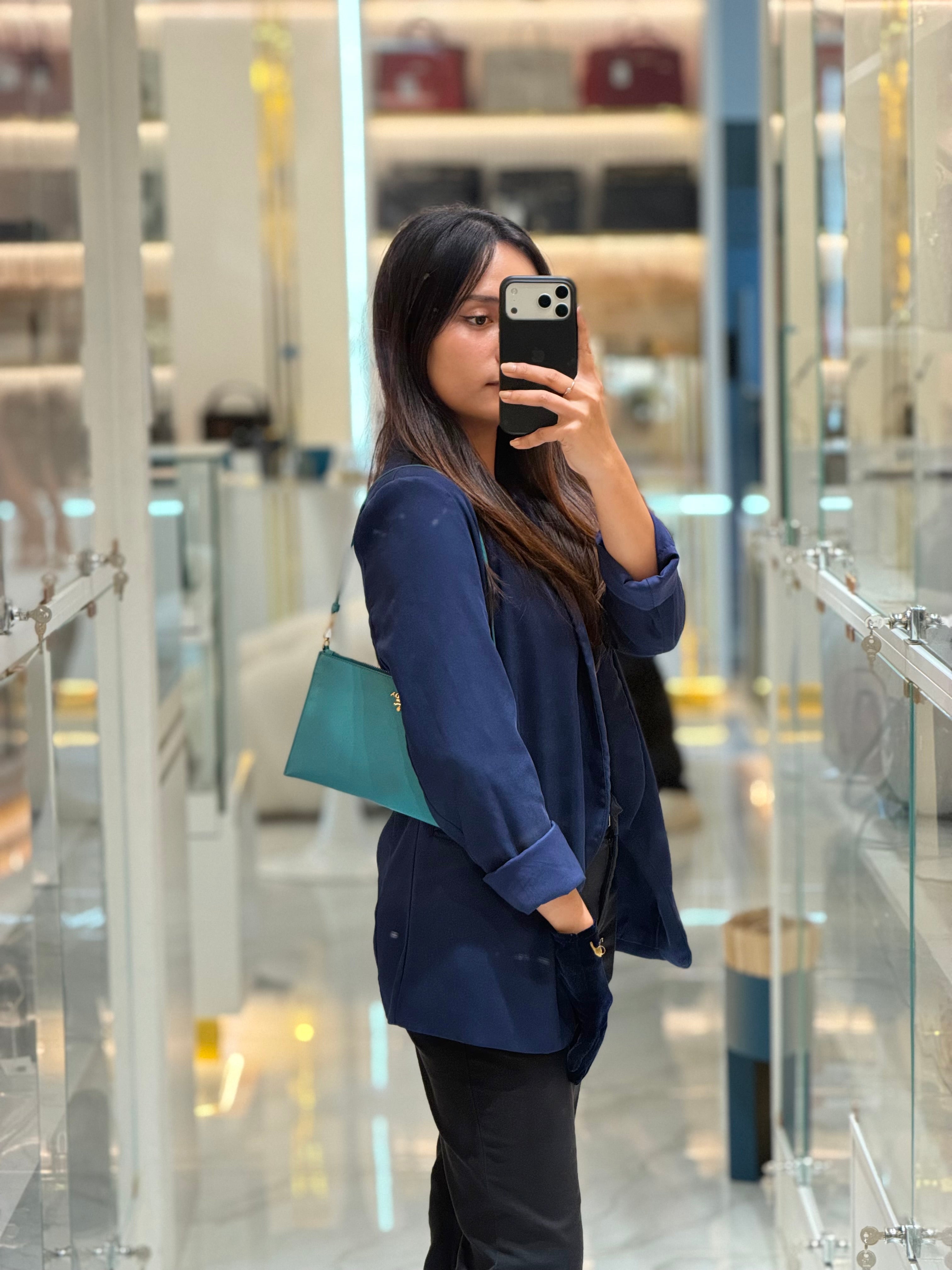 Accessory Pouch in Marine Blue Saffiano Leather & Gold Hardware | Purse Maison Luxury Bags Shop