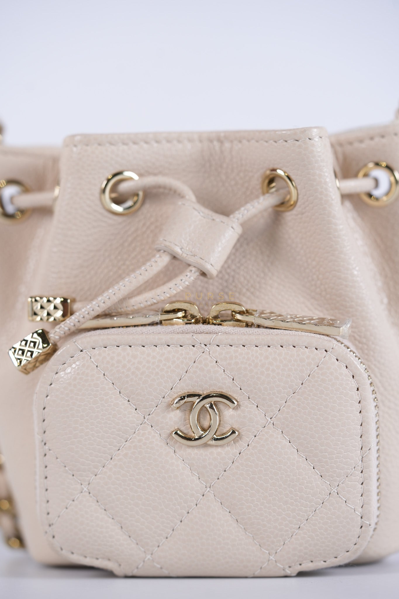 Affinity Mini Bucket Bag in Light Beige Caviar Leather and Light Gold Hardware (Microchip) | Purse Maison Luxury Bags Shop