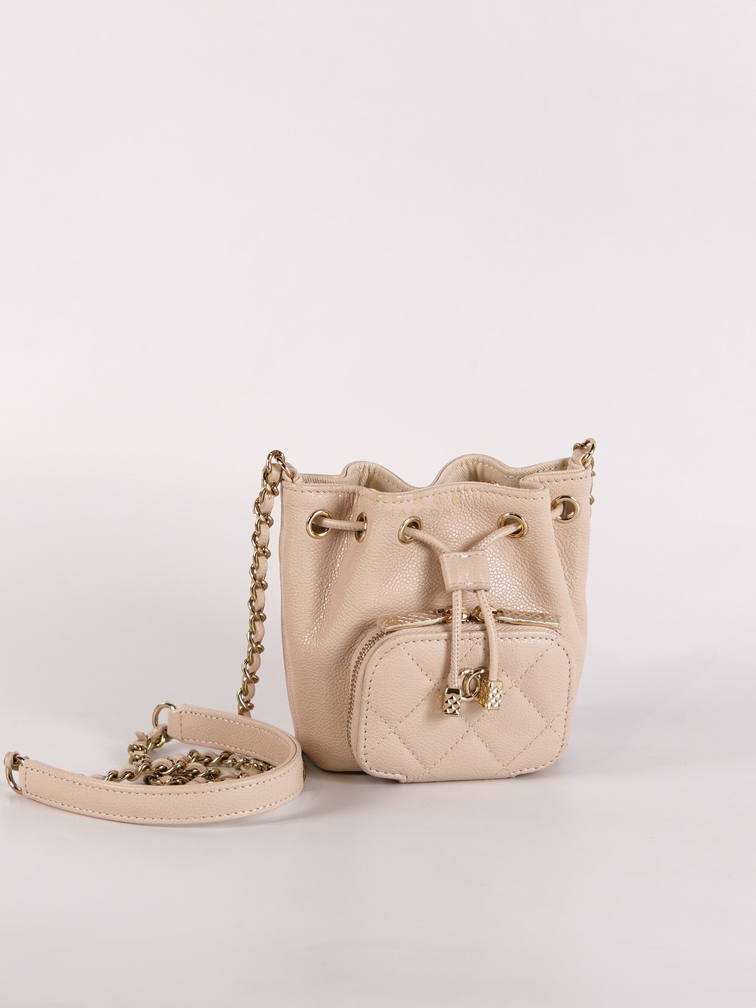 Affinity Mini Bucket Bag in Light Beige Caviar Leather and Light Gold Hardware (Microchip) | Purse Maison Luxury Bags Shop