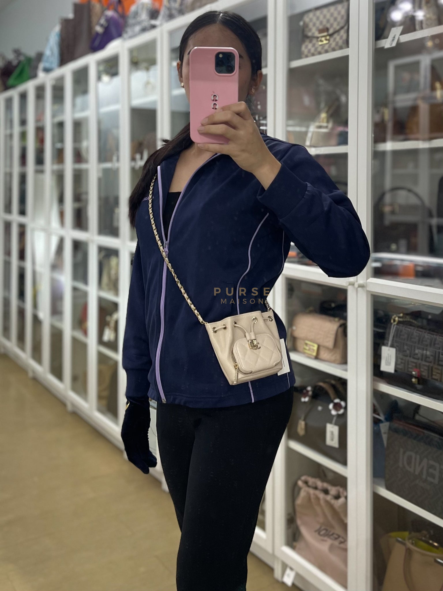 Affinity Mini Bucket Bag in Light Beige Caviar Leather and Light Gold Hardware (Microchip) | Purse Maison Luxury Bags Shop