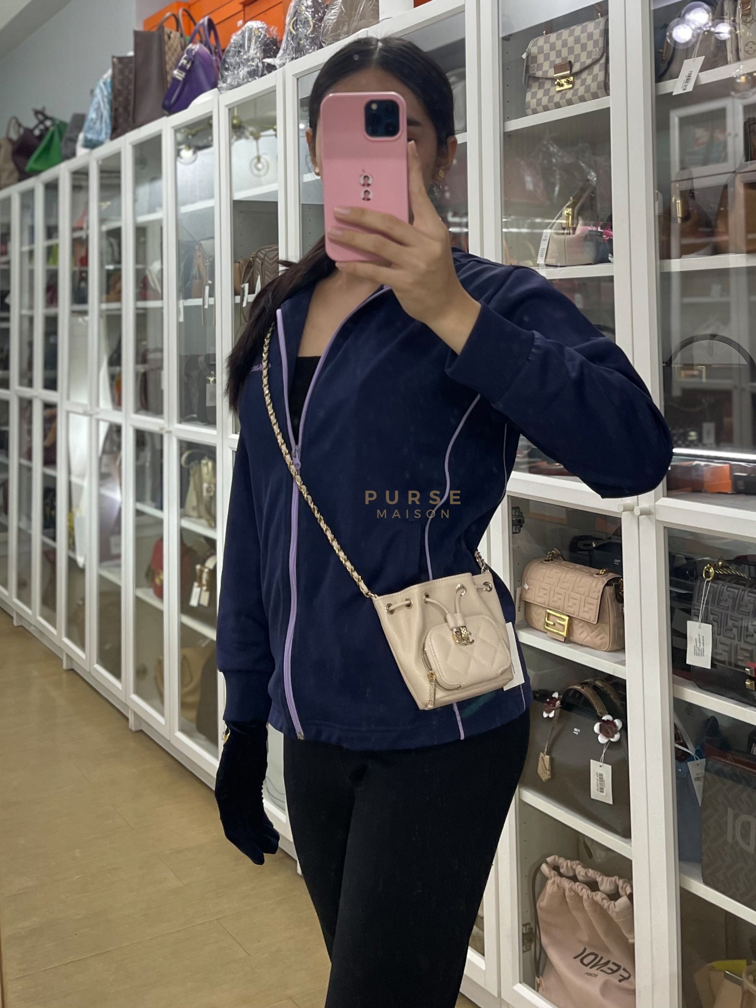 Affinity Mini Bucket Bag in Light Beige Caviar Leather and Light Gold Hardware (Microchip) | Purse Maison Luxury Bags Shop