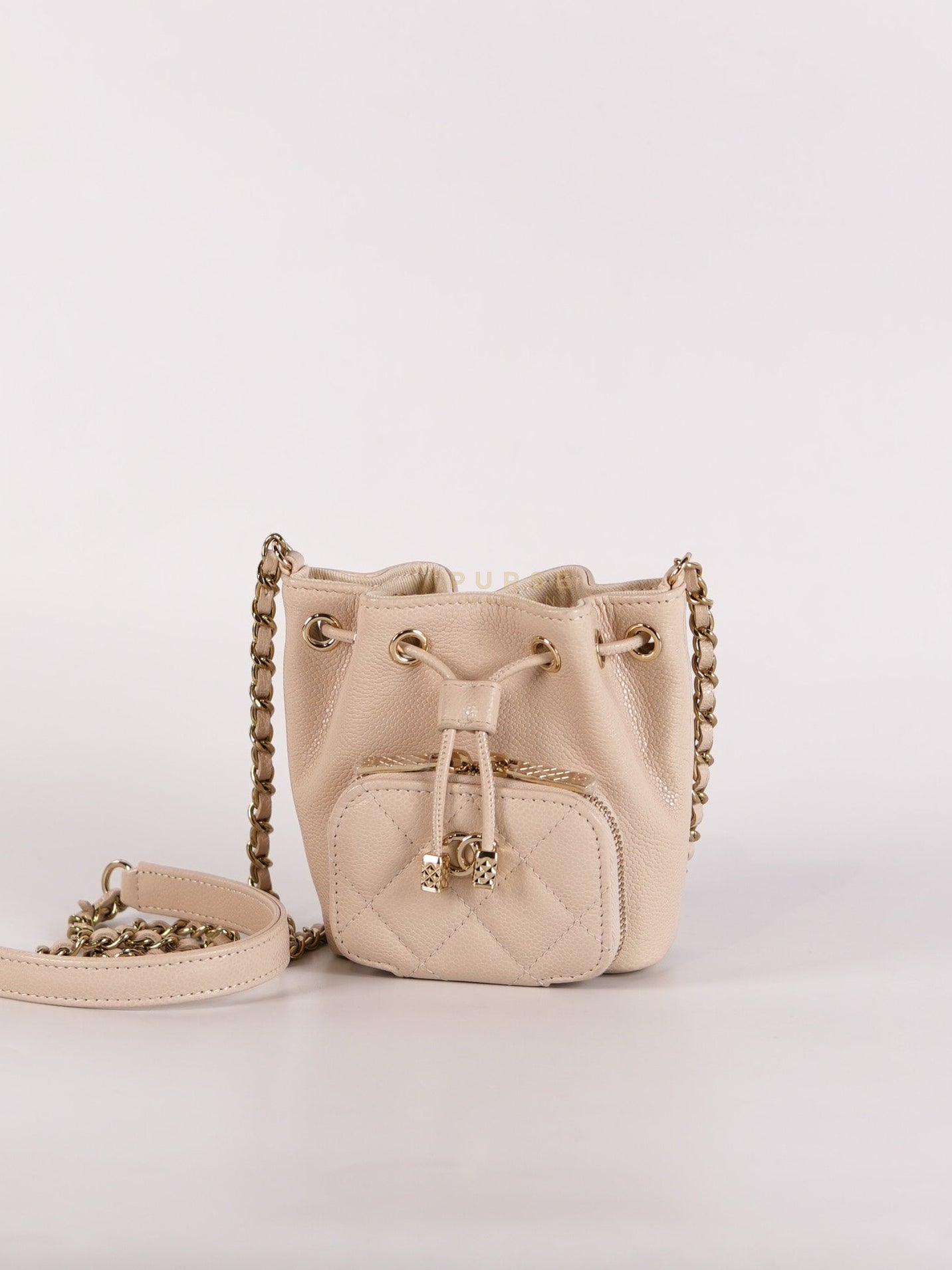 Affinity Mini Bucket Bag in Light Beige Caviar Leather and Light Gold Hardware (Microchip) | Purse Maison Luxury Bags Shop