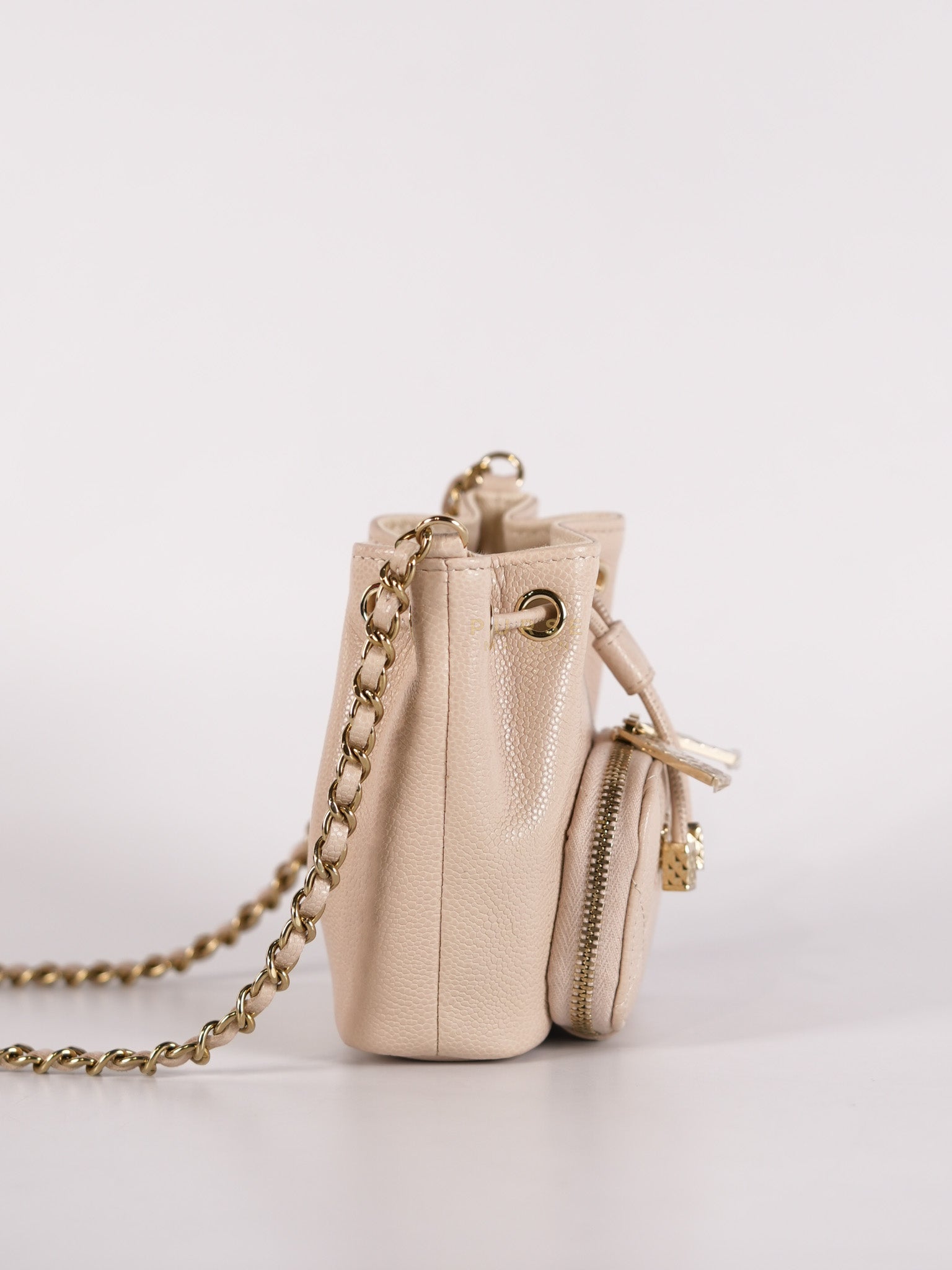 Affinity Mini Bucket Bag in Light Beige Caviar Leather and Light Gold Hardware (Microchip) | Purse Maison Luxury Bags Shop