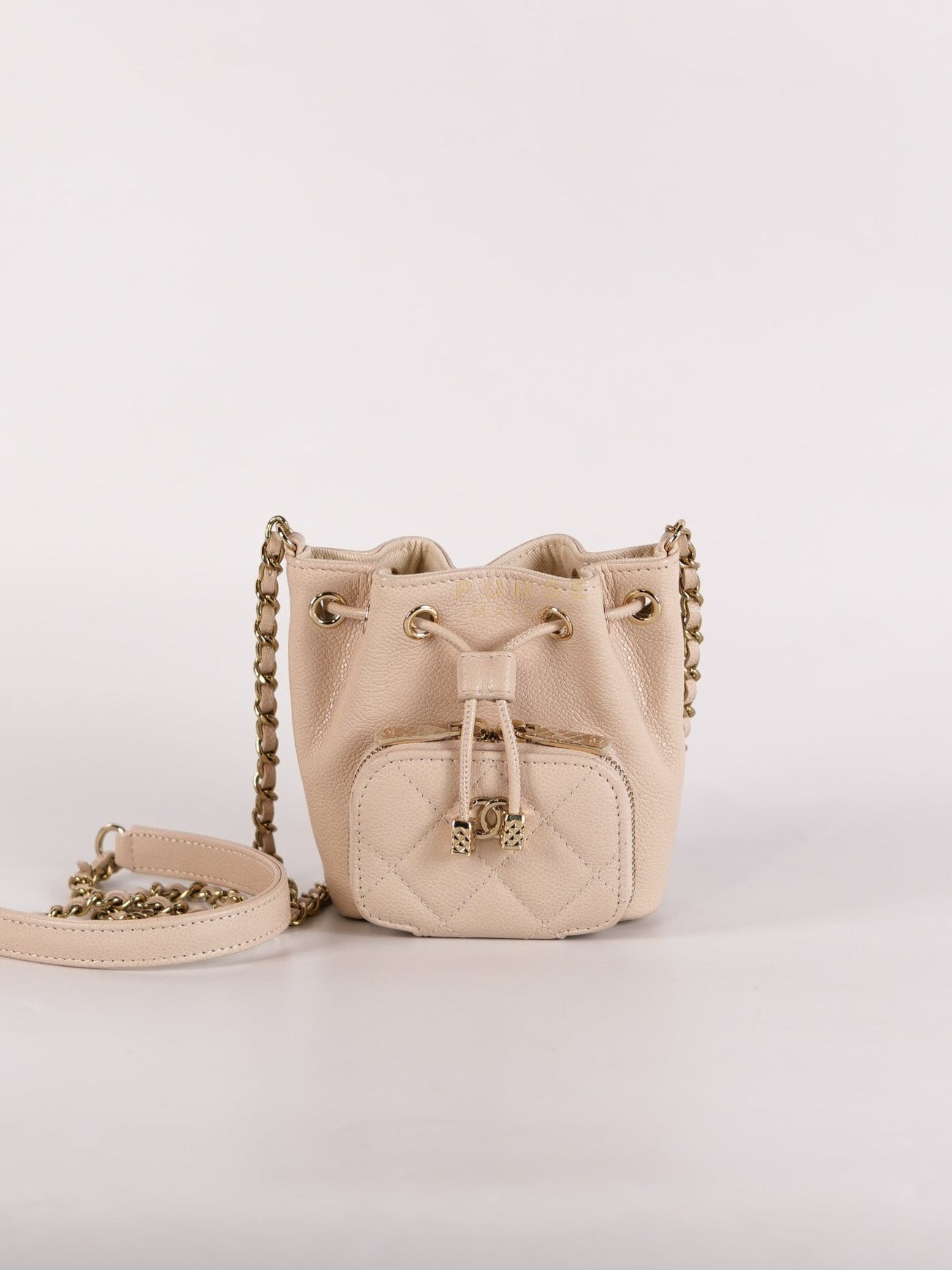 Affinity Mini Bucket Bag in Light Beige Caviar Leather and Light Gold Hardware (Microchip) | Purse Maison Luxury Bags Shop