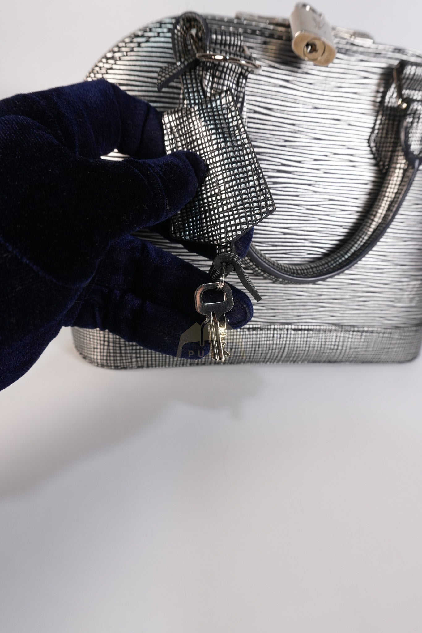 Alma BB in Metallic Silver Epi Leather & Silver Hardware (Date Code: SN1195) | Purse Maison Luxury Bags Shop