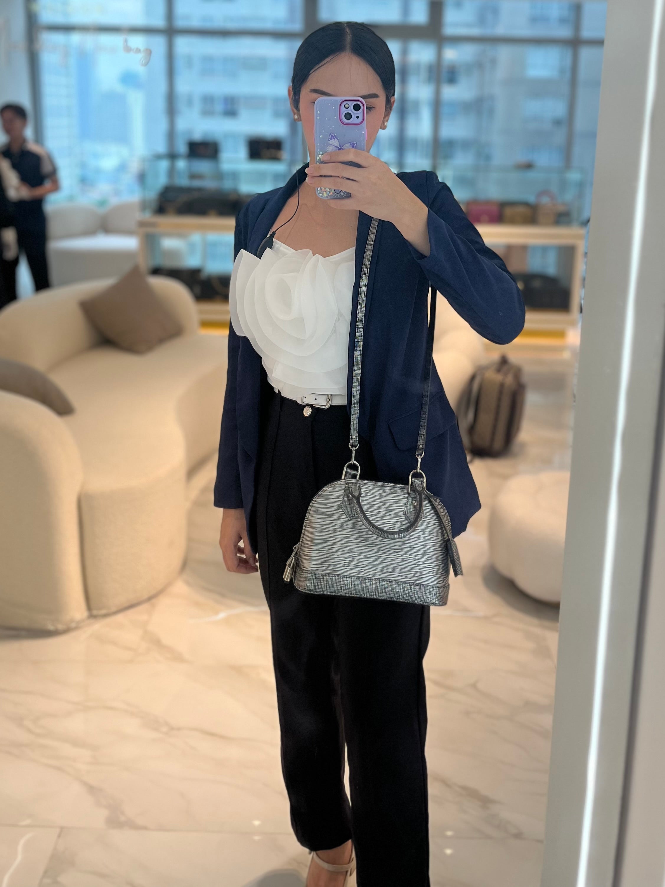 Alma BB in Metallic Silver Epi Leather & Silver Hardware (Date Code: SN1195) | Purse Maison Luxury Bags Shop