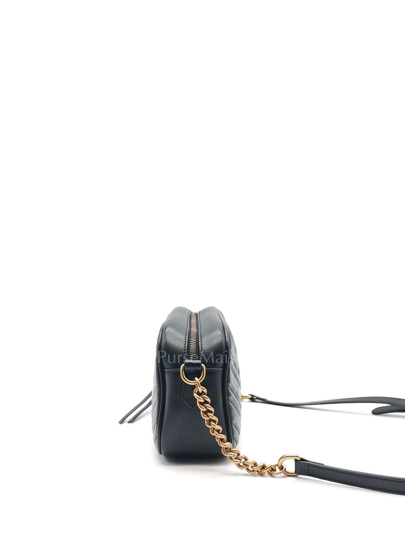 GG Marmont Small Camera Bag in Black Chevron Quilted Matellase Leather & Gold Hardware