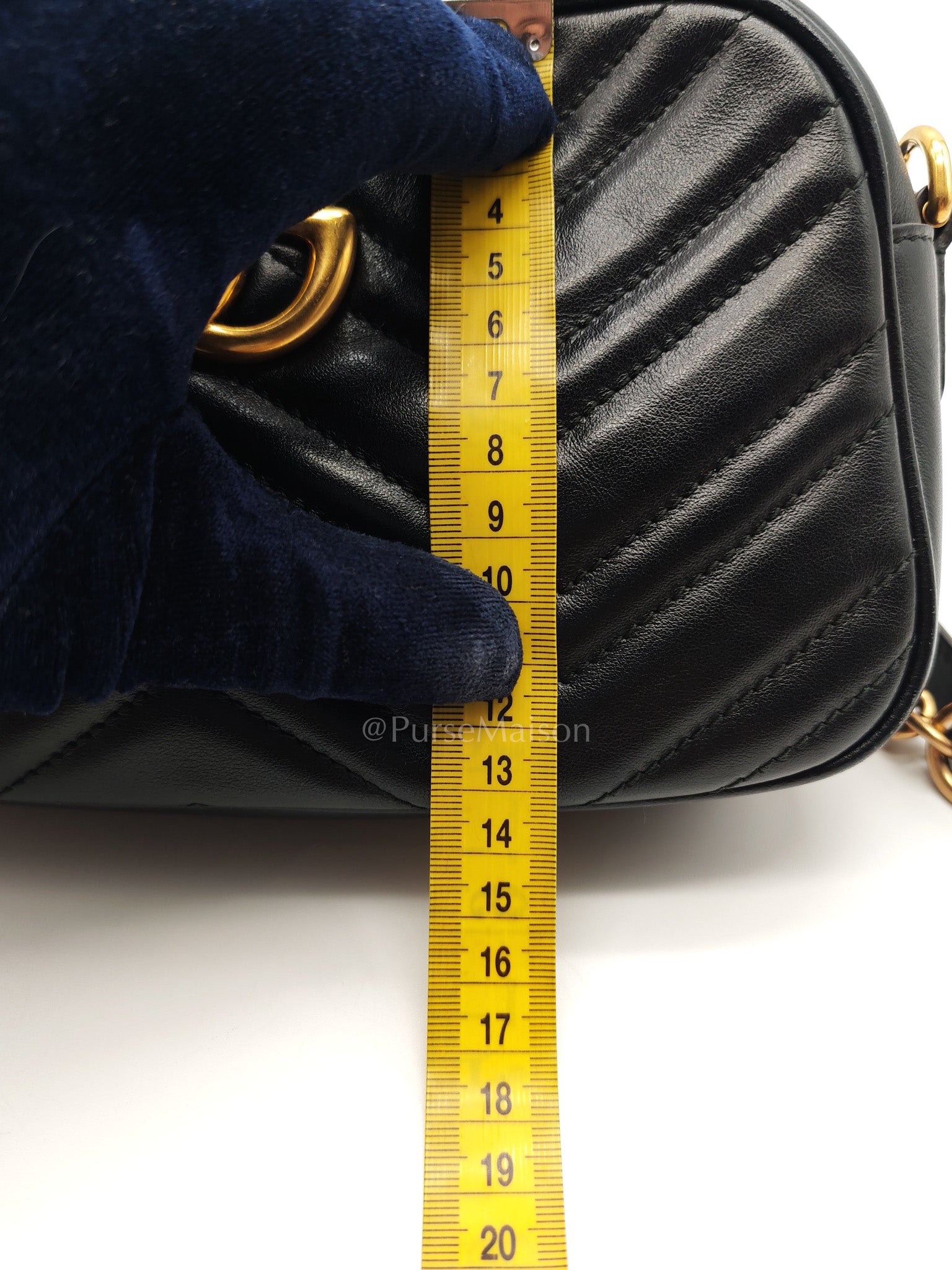 GG Marmont Small Camera Bag in Black Chevron Quilted Matellase Leather & Gold Hardware