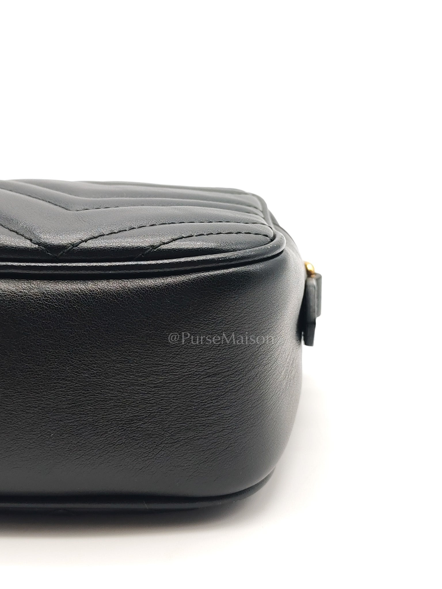 GG Marmont Small Camera Bag in Black Chevron Quilted Matellase Leather & Gold Hardware