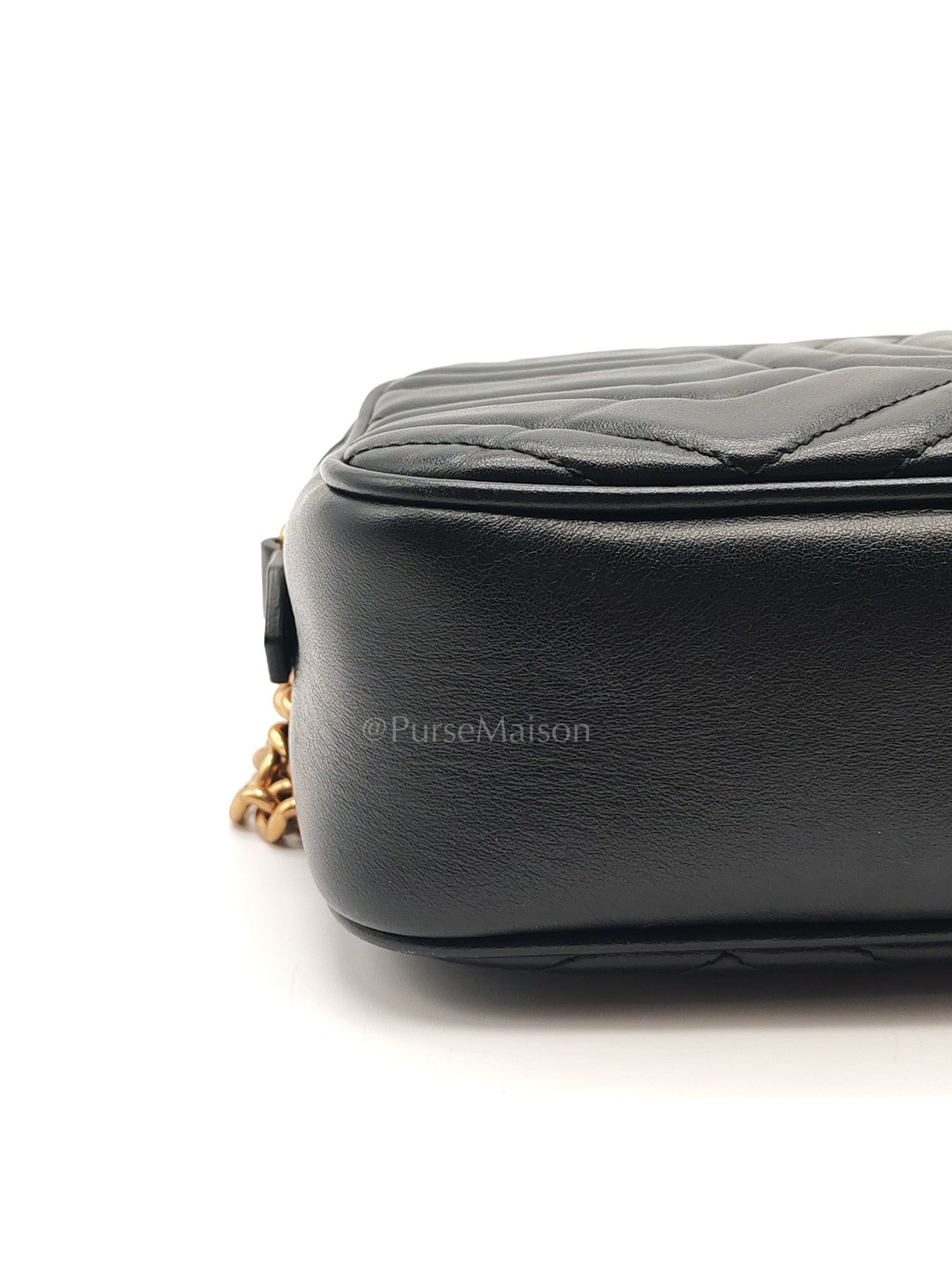 GG Marmont Small Camera Bag in Black Chevron Quilted Matellase Leather & Gold Hardware
