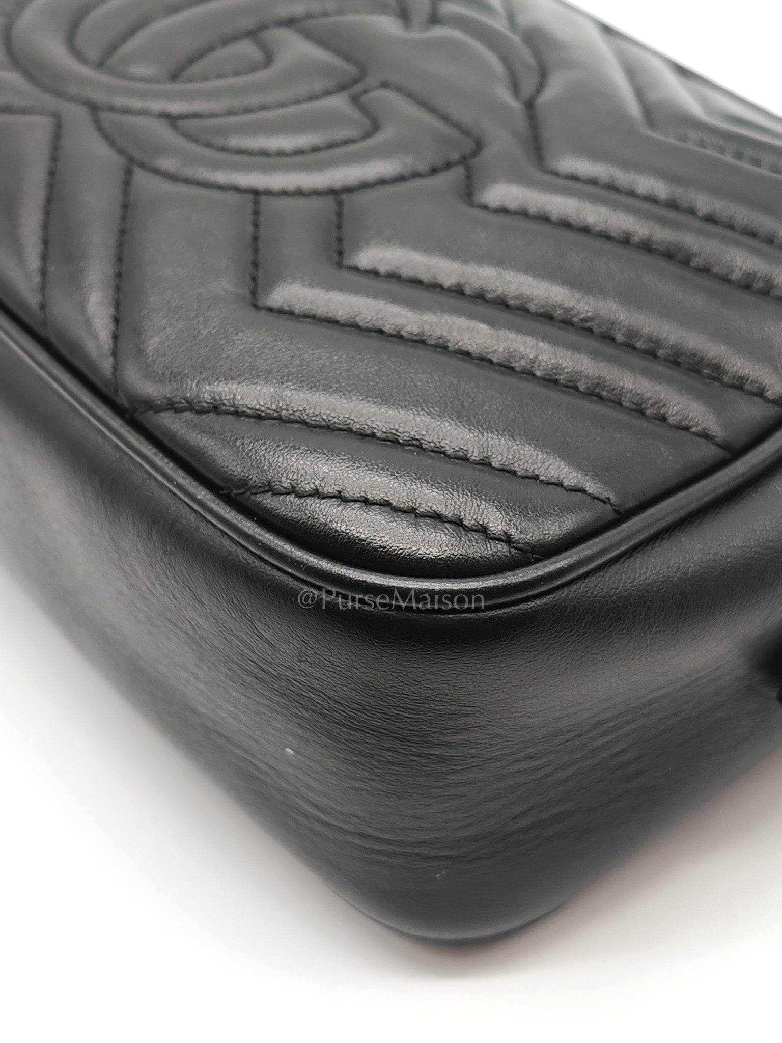 GG Marmont Small Camera Bag in Black Chevron Quilted Matellase Leather & Gold Hardware