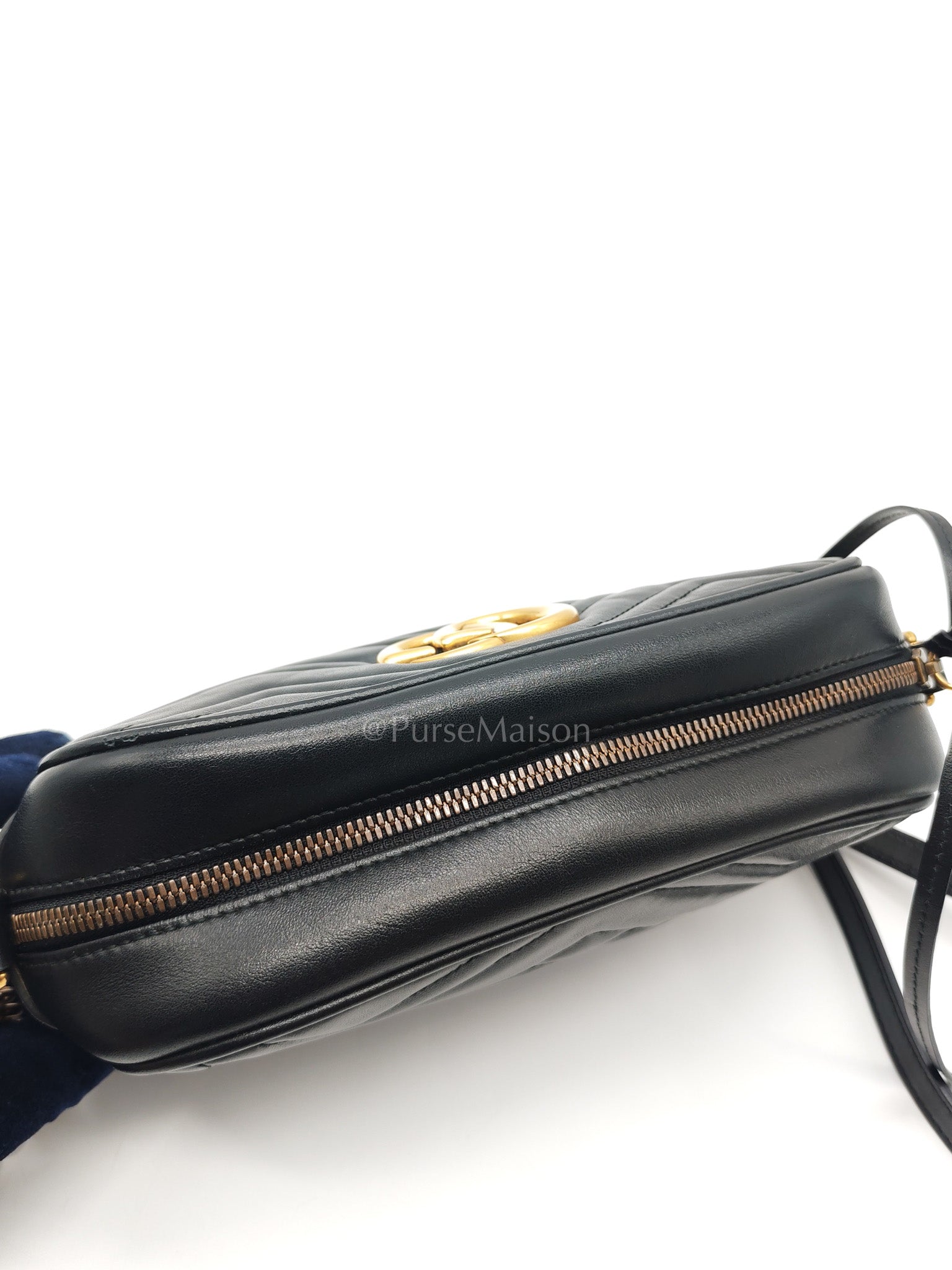 GG Marmont Small Camera Bag in Black Chevron Quilted Matellase Leather & Gold Hardware