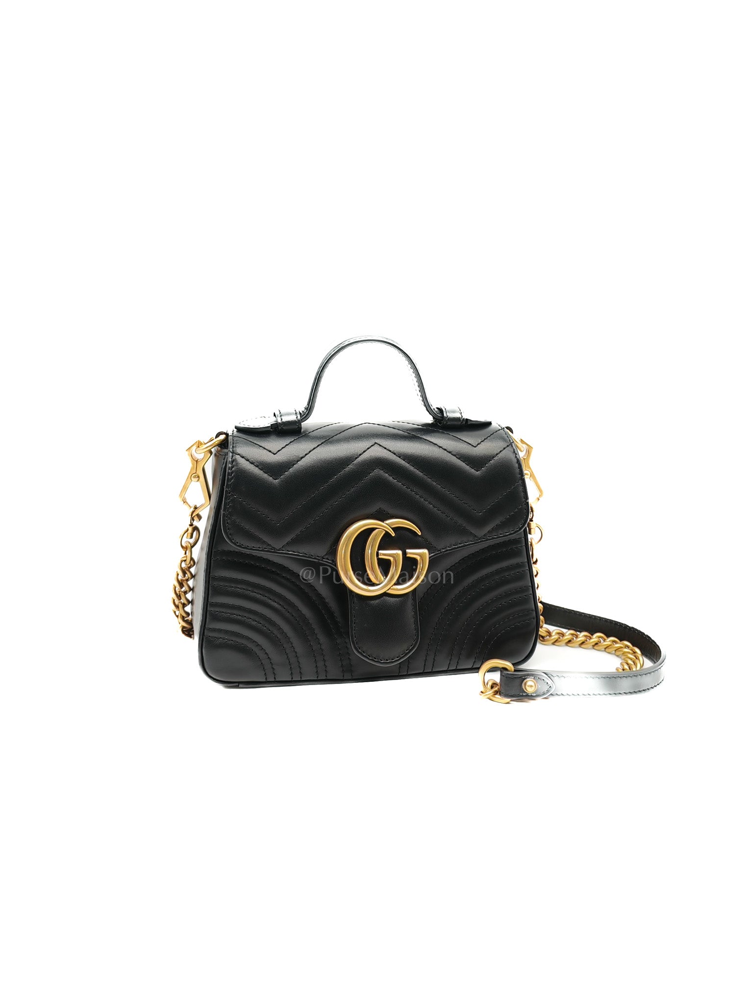GG Marmont Mini Top Handle Bag in Black Matelasse Chevron Quilted Calfskin Leather & Aged Gold Hardware