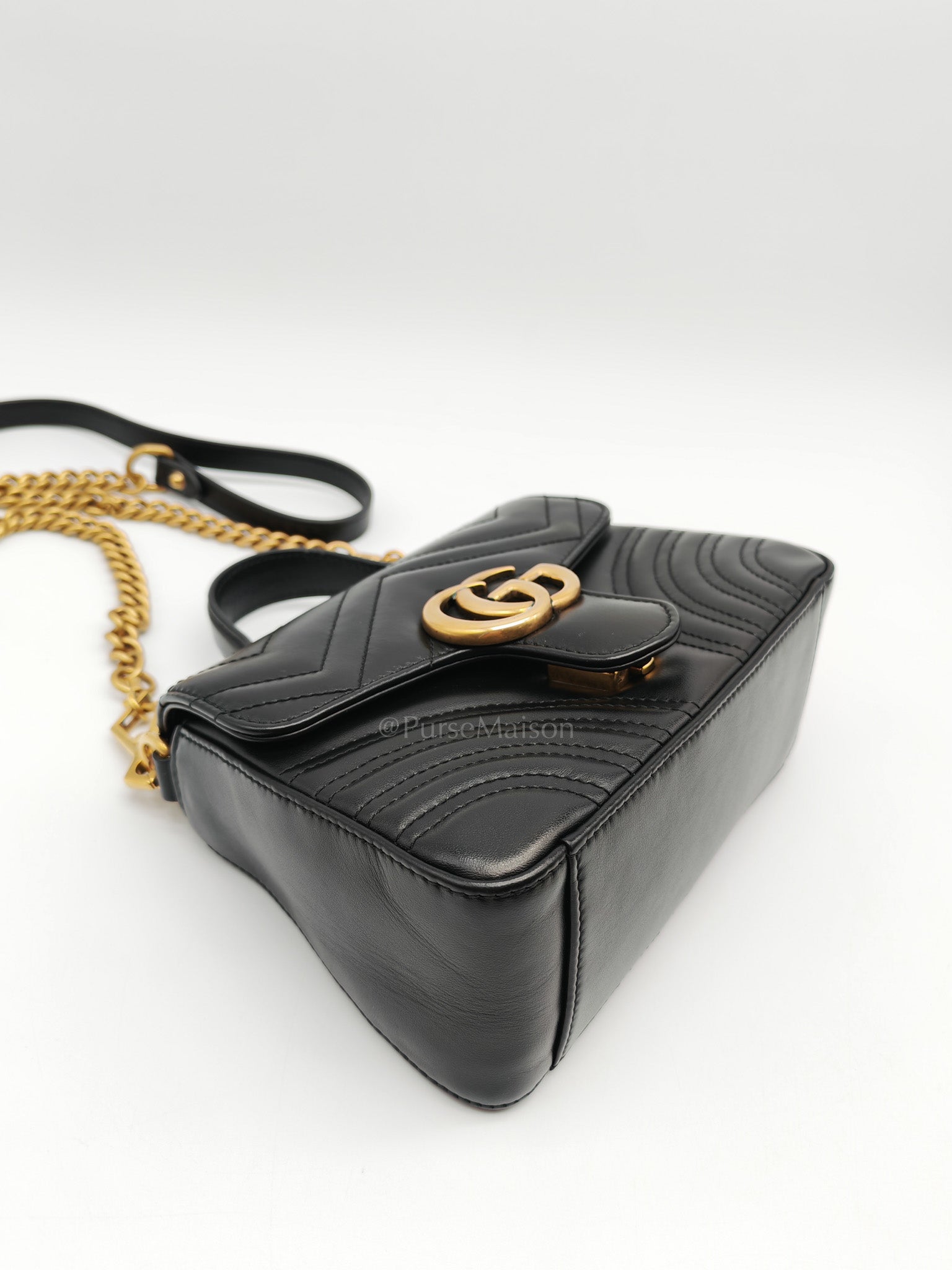 GG Marmont Mini Top Handle Bag in Black Matelasse Chevron Quilted Calfskin Leather & Aged Gold Hardware