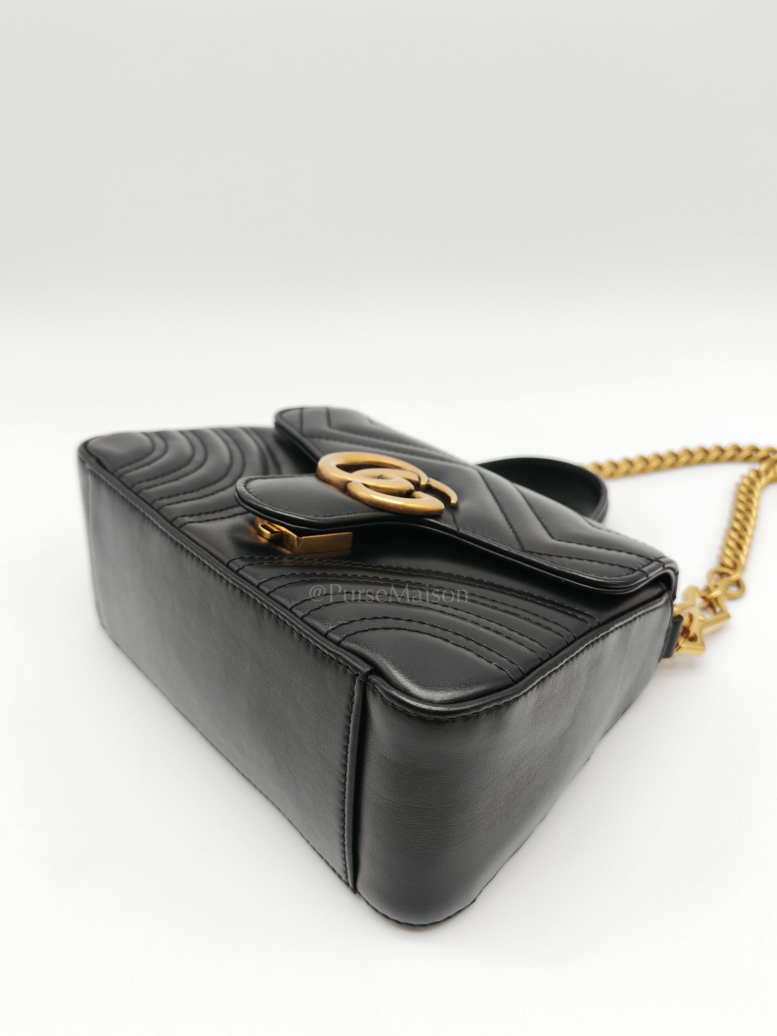 GG Marmont Mini Top Handle Bag in Black Matelasse Chevron Quilted Calfskin Leather & Aged Gold Hardware