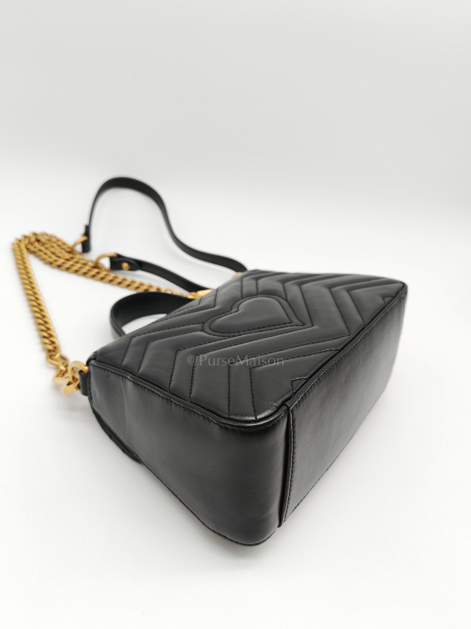 GG Marmont Mini Top Handle Bag in Black Matelasse Chevron Quilted Calfskin Leather & Aged Gold Hardware